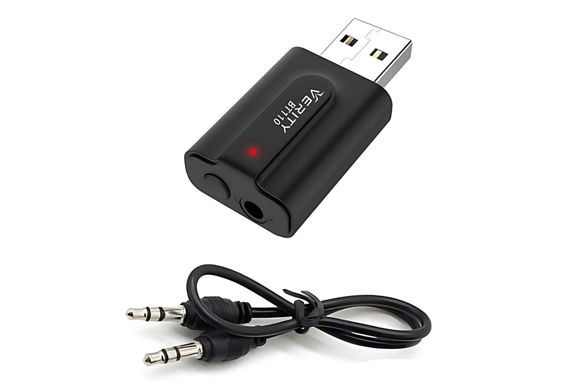 نمای کناری دانگل بلوتوث وریتی Verity BT 110 به همراه کابل AUX