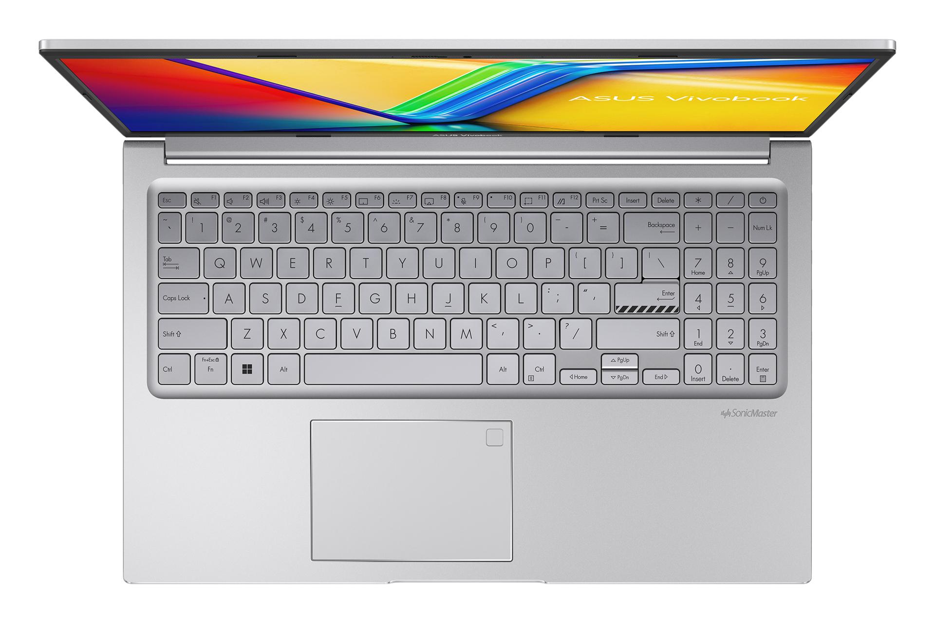نمای بالای لپ تاپ Vivobook 15 F1504VAP ایسوس با نمایش کیبورد و ترک پد