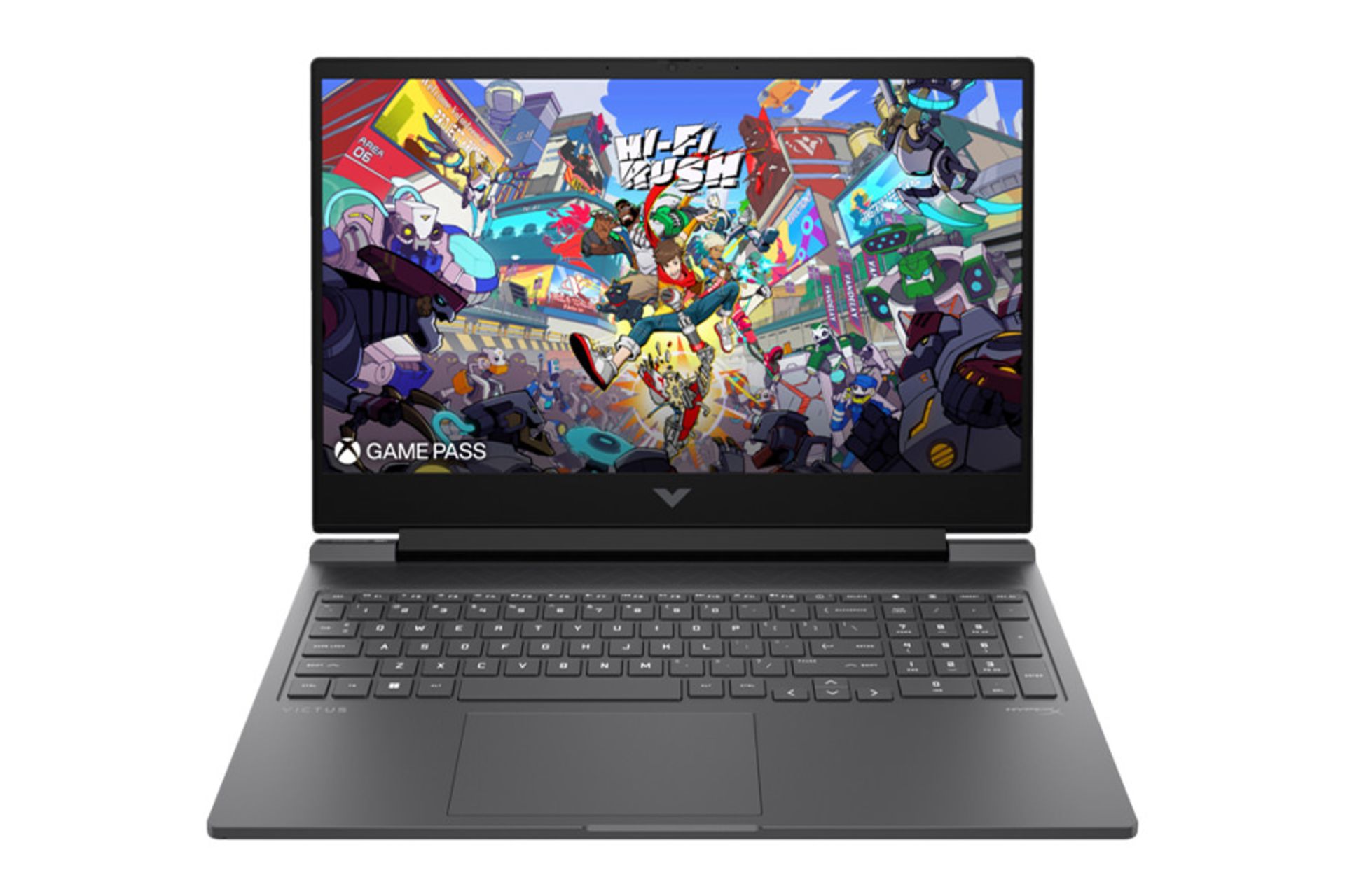 نمای رو به روی لپ تاپ Victus 16-r1014nia اچ پی با نمایشگر روشن و نمایش لوگو و لبه جلو