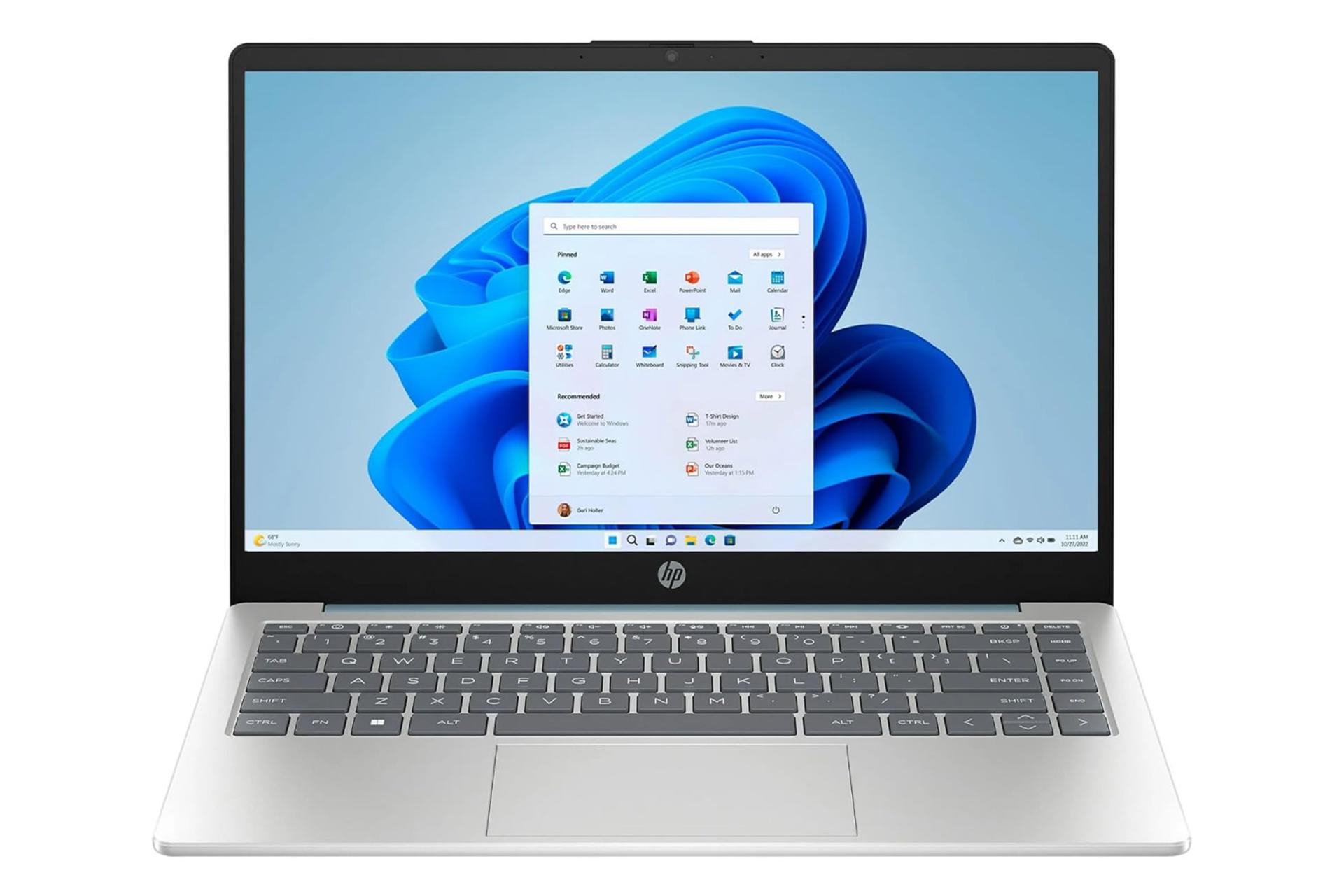 نمای رو به روی لپ تاپ 14-ep0792wm اچ پی با نمایشگر روشن و نمایش لوگو و لبه جلو