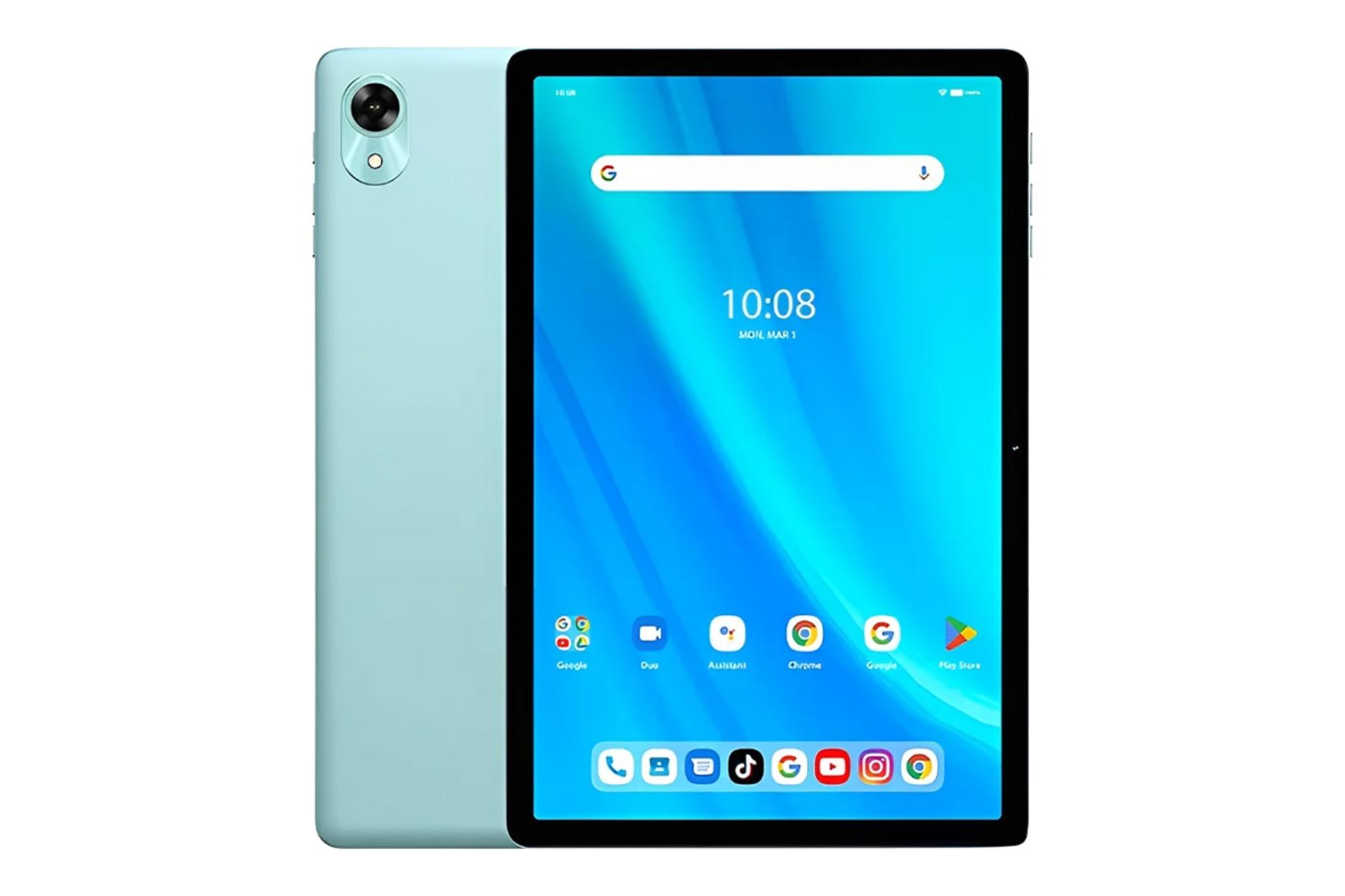 نمای کلی تبلت اومی دیجی G9 تب / UMIDIGI G9 Tab با نمایشگر روشن و نمایش دوربین پنل پشت رنگ سبز