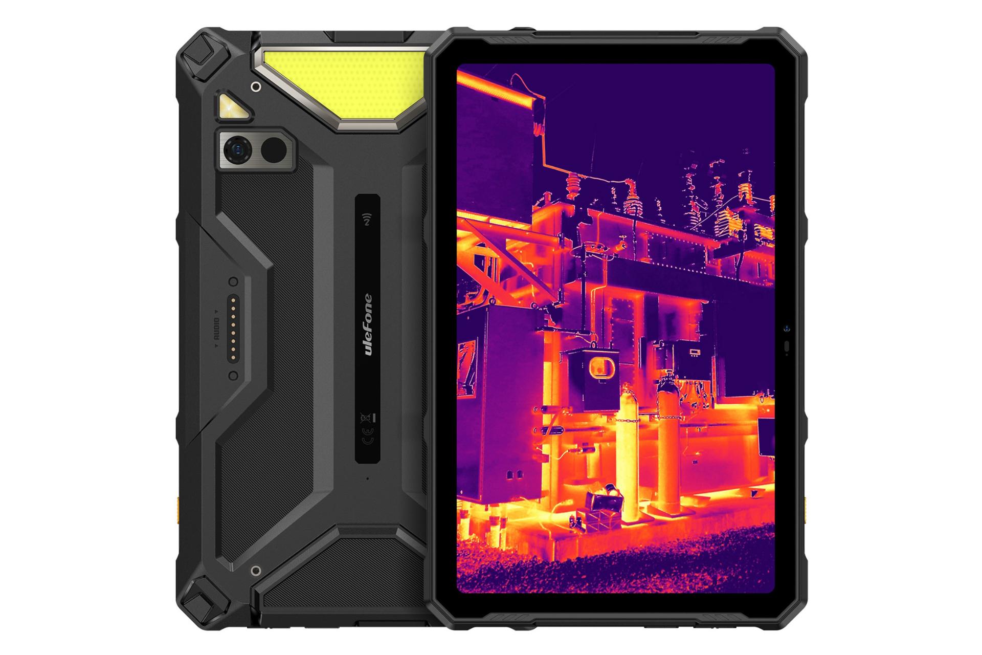 نمای کلی تبلت آرمور پد 4 اولترا Thermal یولفون / Ulefone Armor Pad 4 Ultra Thermal با نمایشگر روشن و نمایش دوربین های پنل پشت