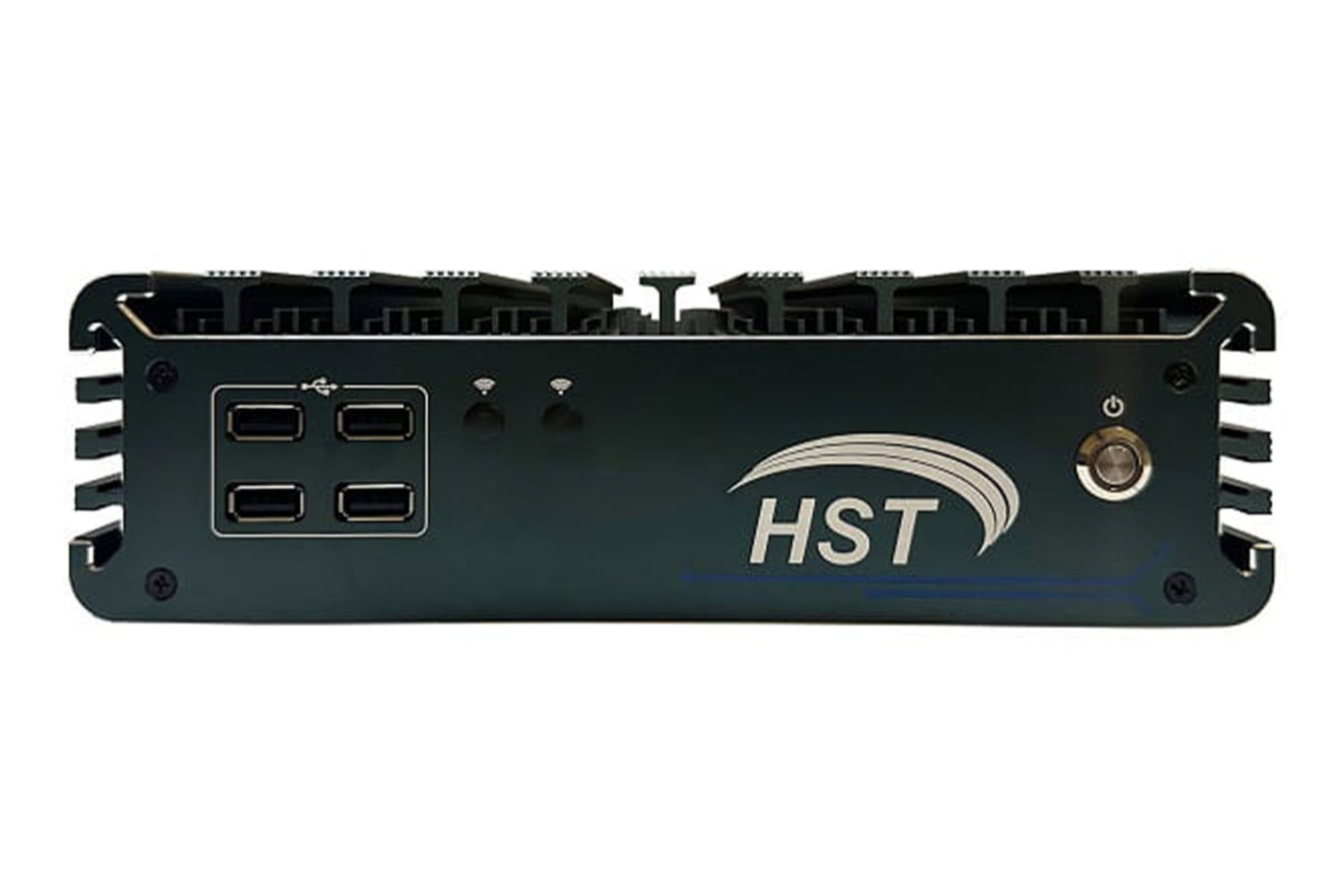 نمای رو به روی کامپیوتر کوچک IBOX3226 اچ اس تی با نمایش درگاه ها و لوگو