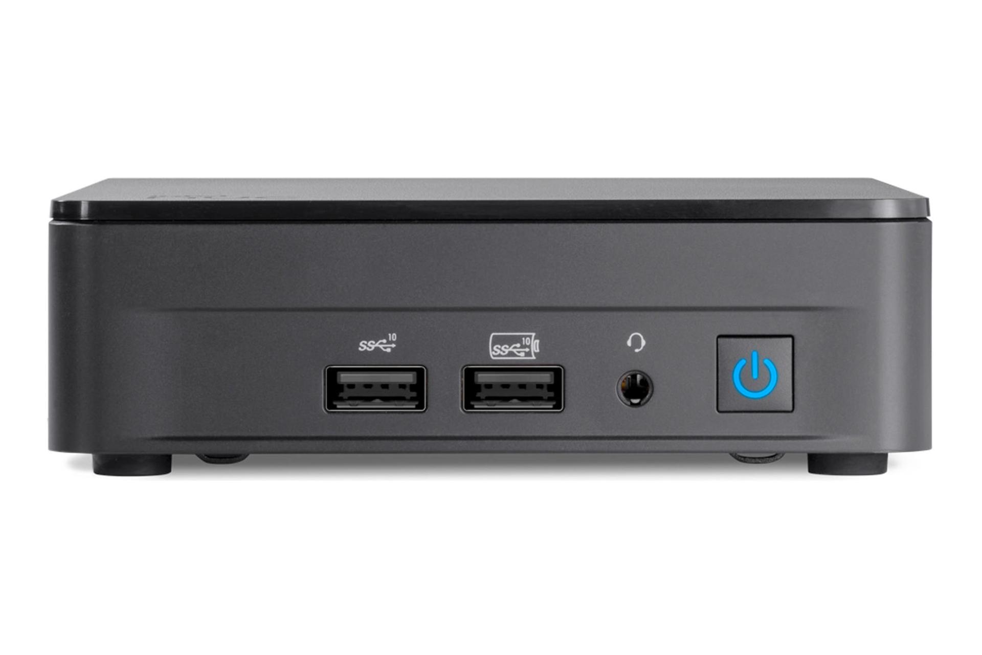 نمای رو به روی کامپیوتر کوچک NUC 13 Pro اینتل با نمایش دکمه و درگاه های پنل جلو