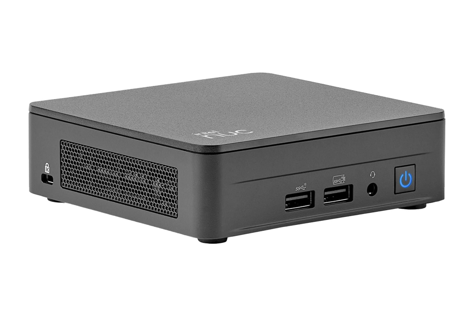 نمای نیمرخ کامپیوتر کوچک NUC 13 Pro اینتل با نمایش درگاه های پنل جلو و منافذ عبور هوای پنل سمت چپ