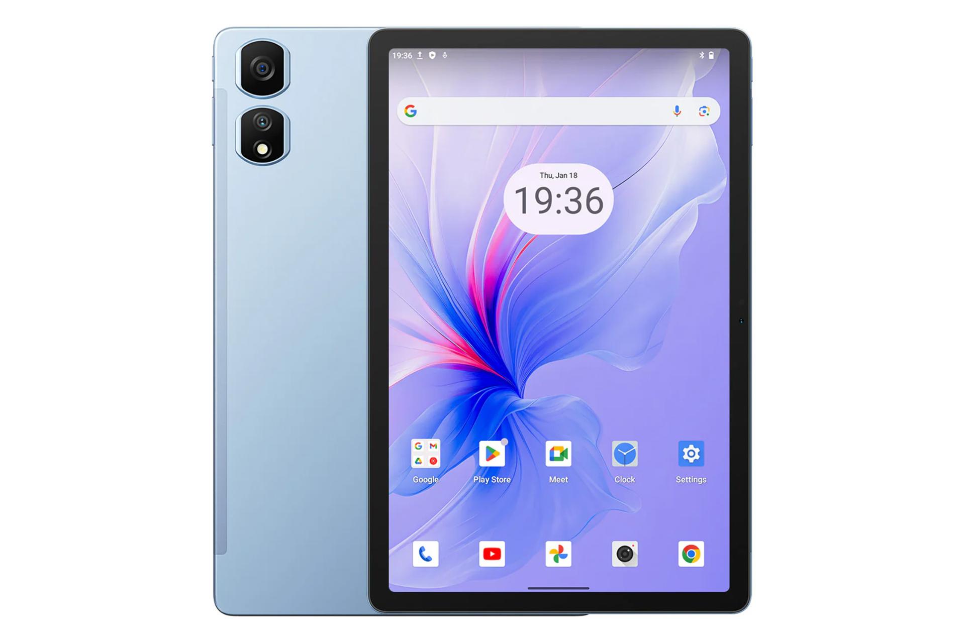 نمای کلی تبلت تب 16 پرو بلک ویو / Blackview Tab 16 Pro با نمایشگر روشن و نمایش دوربین های پنل پشت رنگ آبی روشن