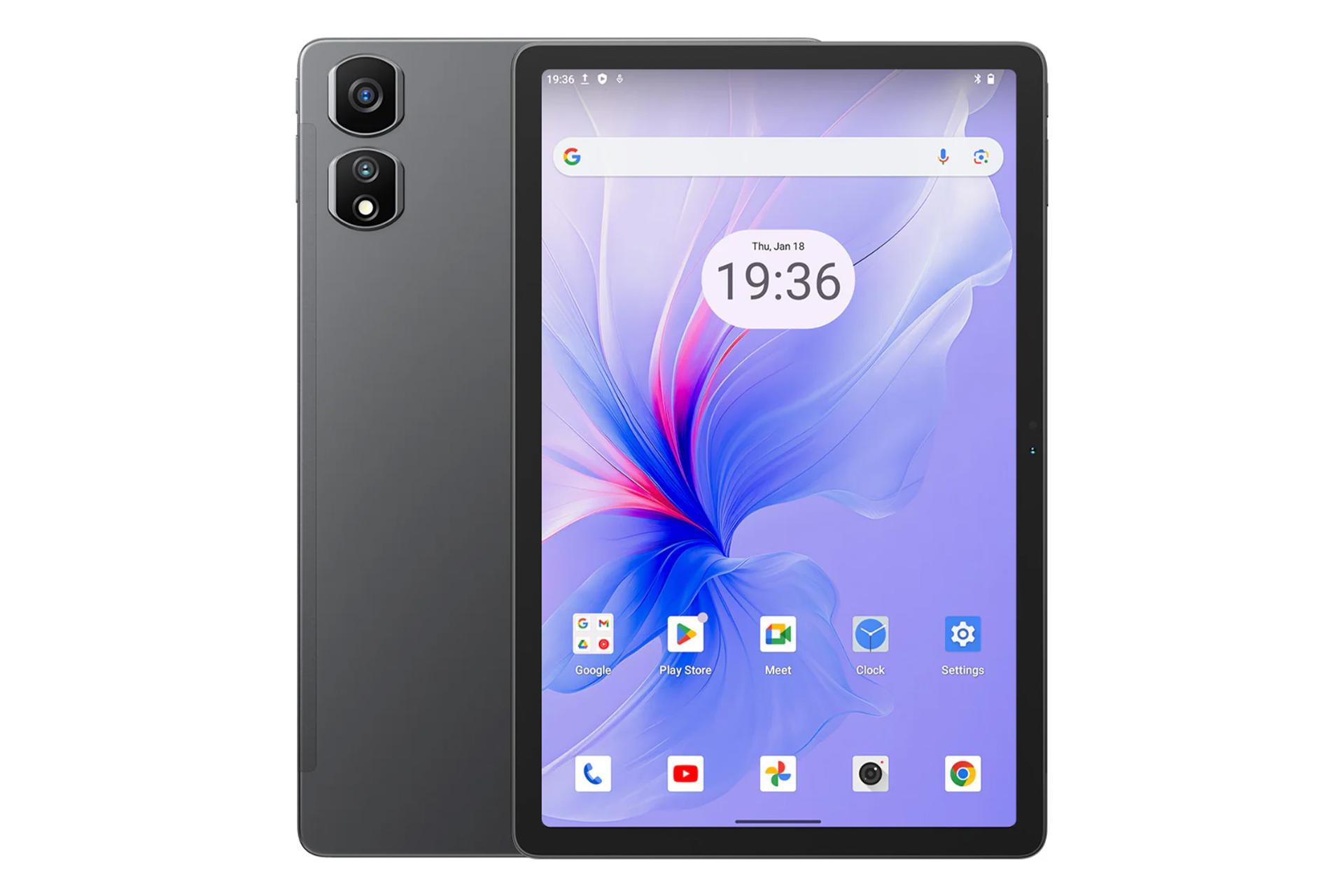 نمای کلی تبلت تب 16 پرو بلک ویو / Blackview Tab 16 Pro با نمایشگر روشن و نمایش دوربین های پنل پشت رنگ خاکستری