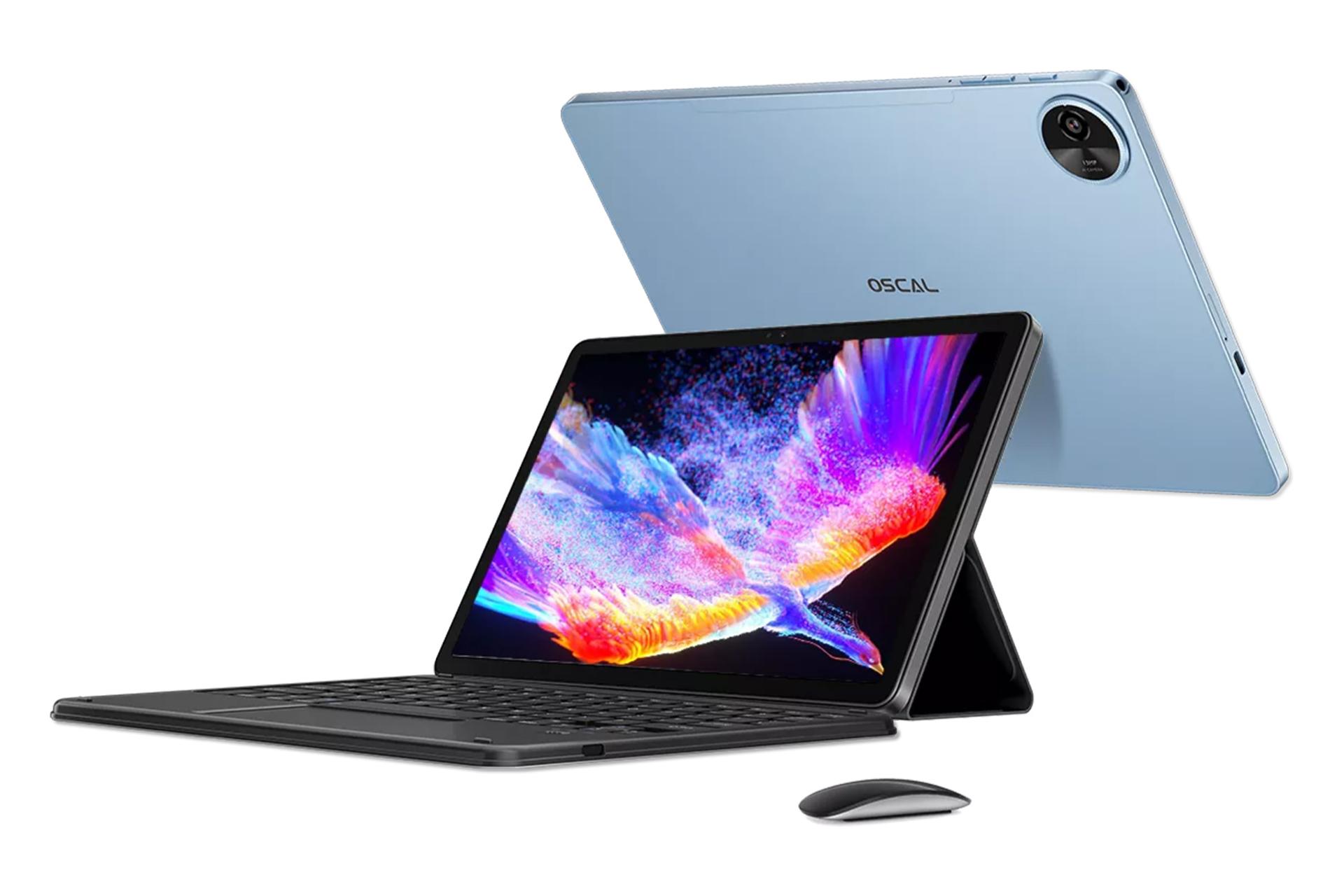 نمای نیمرخ تبلت اسکال پد 90 بلک ویو / Blackview Oscal Pad 90 با نمایش لبه ها، استند و کیبورد و ماوس