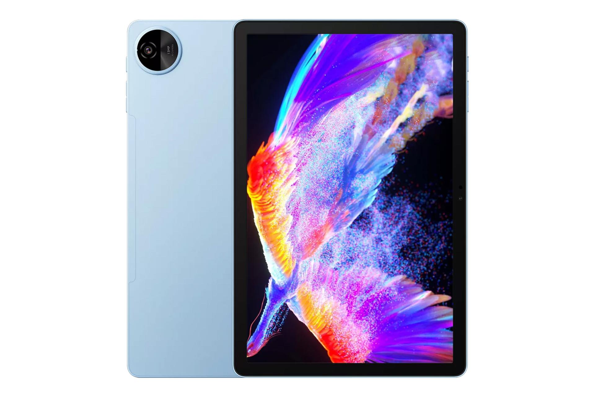 نمای کلی تبلت اسکال پد 90 بلک ویو / Blackview Oscal Pad 90 با نمایشگر روشن و نمایش دوربین پنل پشت رنگ آبی