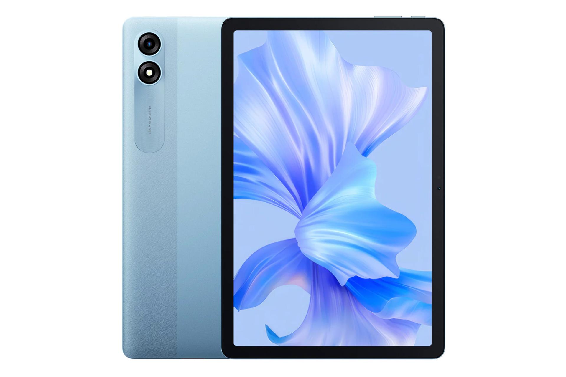 نمای کلی تبلت تب 90 بلک ویو / Blackview Tab 90 با نمایشگر روشن و نمایش دوربین پنل پشت رنگ آبی