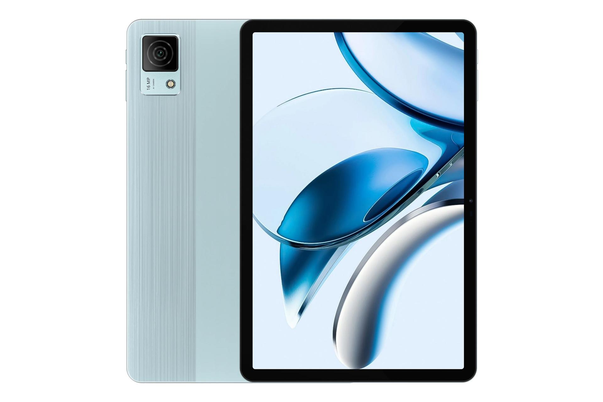 نمای کلی تبلت T40 دوجی / Doogee T40 با نمایشگر روشن و نمایش دوربین پنل پشت رنگ آبی