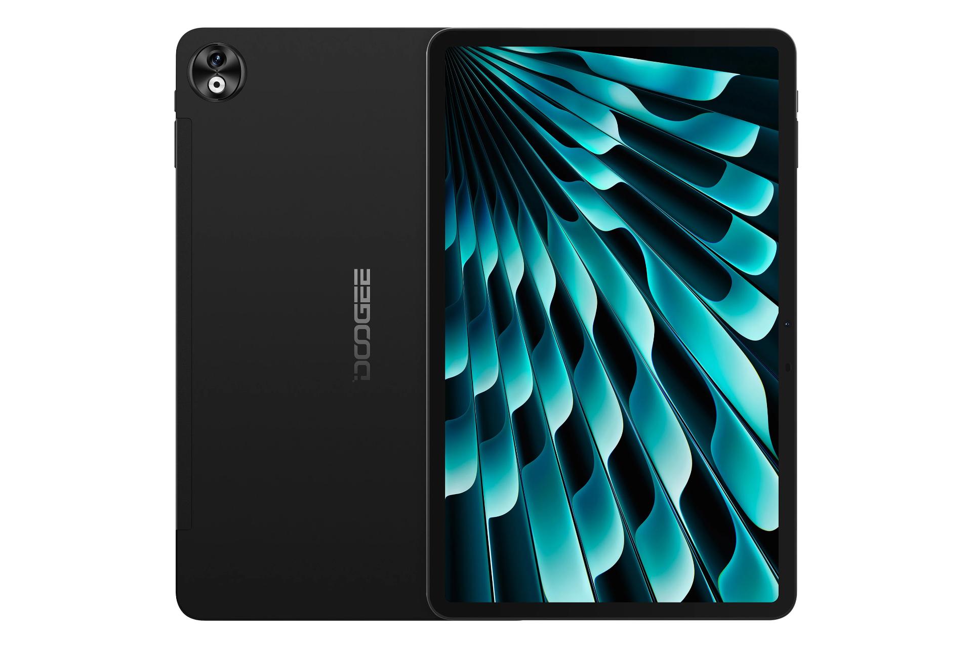 نمای کلی تبلت T40 پرو دوجی / Doogee T40 Pro با نمایشگر روشن و نمایش لوگو و دوربین پنل پشت رنگ مشکی