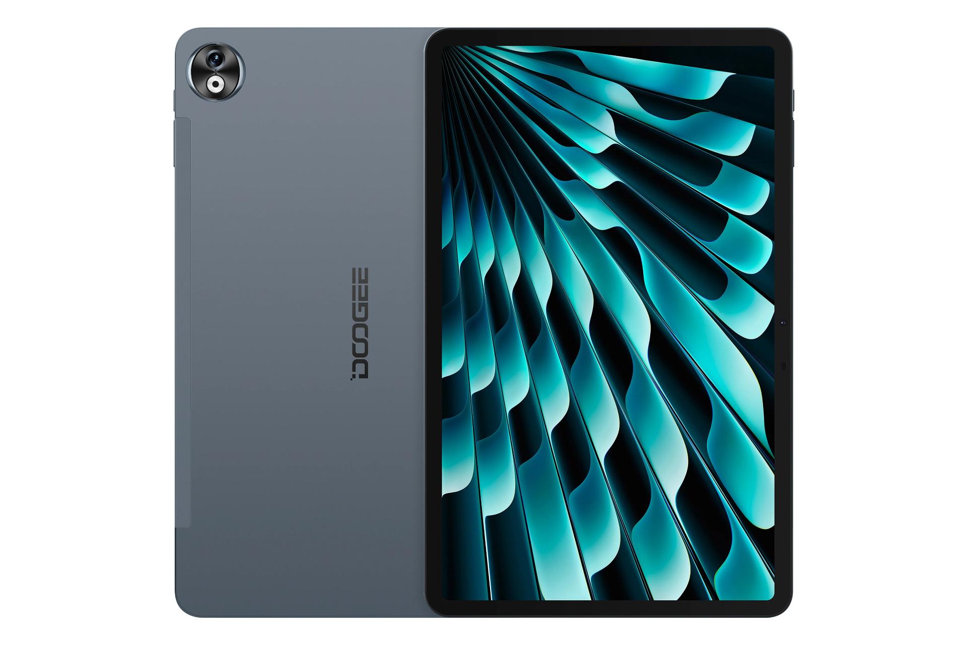 نمای کلی تبلت T40 پرو دوجی / Doogee T40 Pro با نمایشگر روشن و نمایش لوگو و دوربین پنل پشت رنگ خاکستری