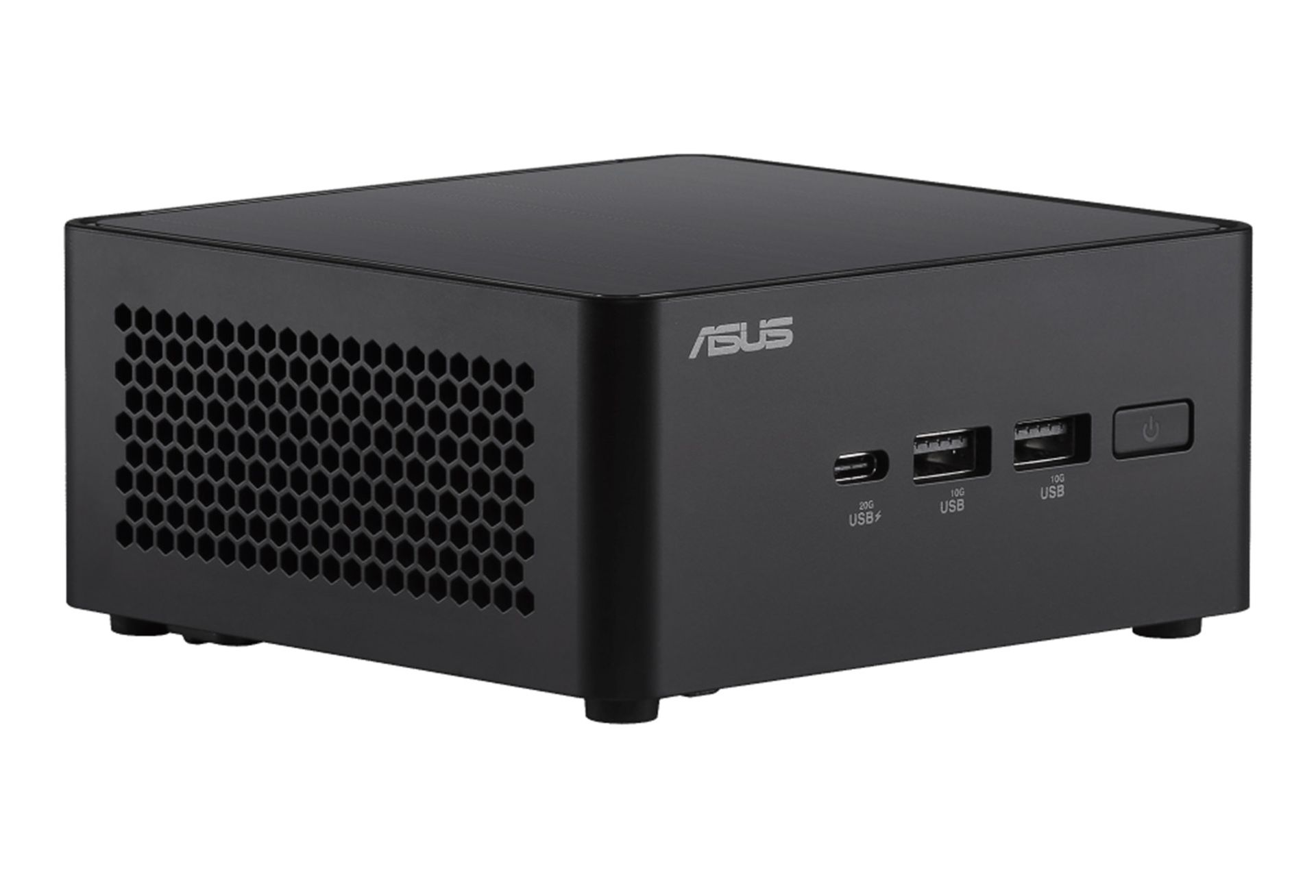 نمای نیمرخ کامپیوتر کوچک NUC 14 Pro Tall Kit ایسوس با نمایش پنل جلو و سمت چپ