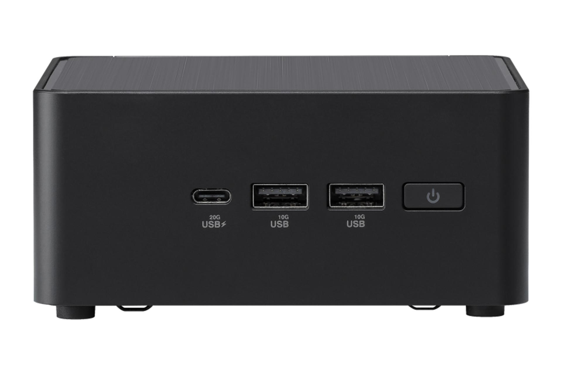 نمای رو به روی کامپیوتر کوچک NUC 14 Pro Tall Kit ایسوس با نمایش دکمه و درگاه های پنل جلو