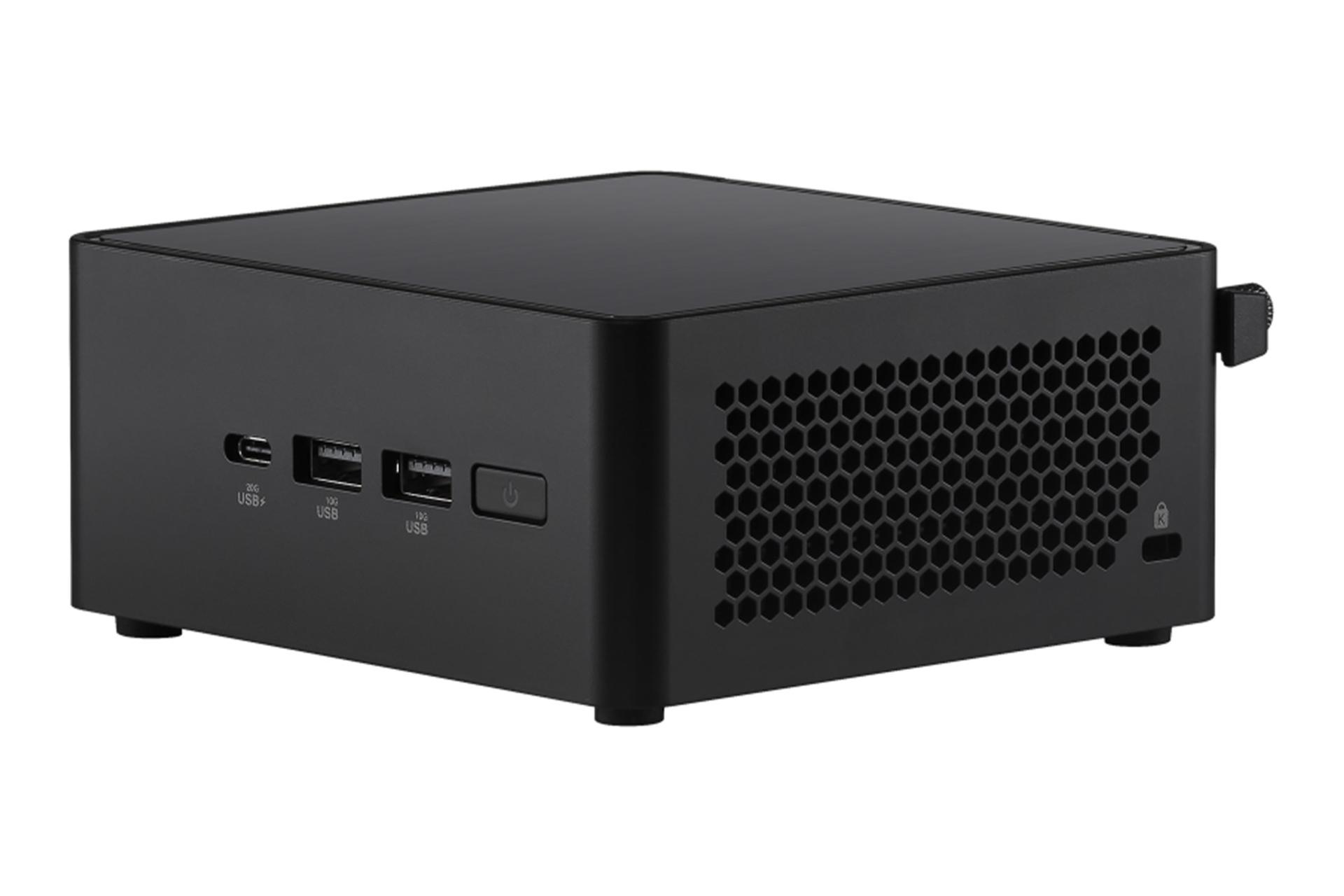 نمای نیمرخ کامپیوتر کوچک NUC 14 Pro Tall Kit ایسوس با نمایش پنل جلو و سمت راست