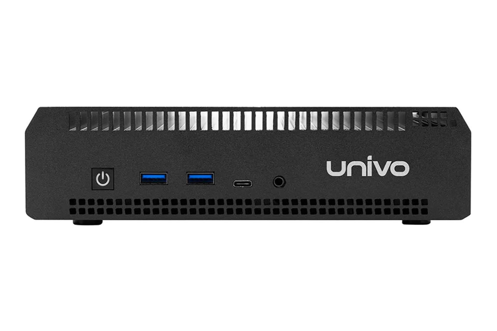 نمای رو به روی کامپیوتر کوچک UR1-K11 یونیوو با نمایش درگاه ها و لوگوی پنل جلو