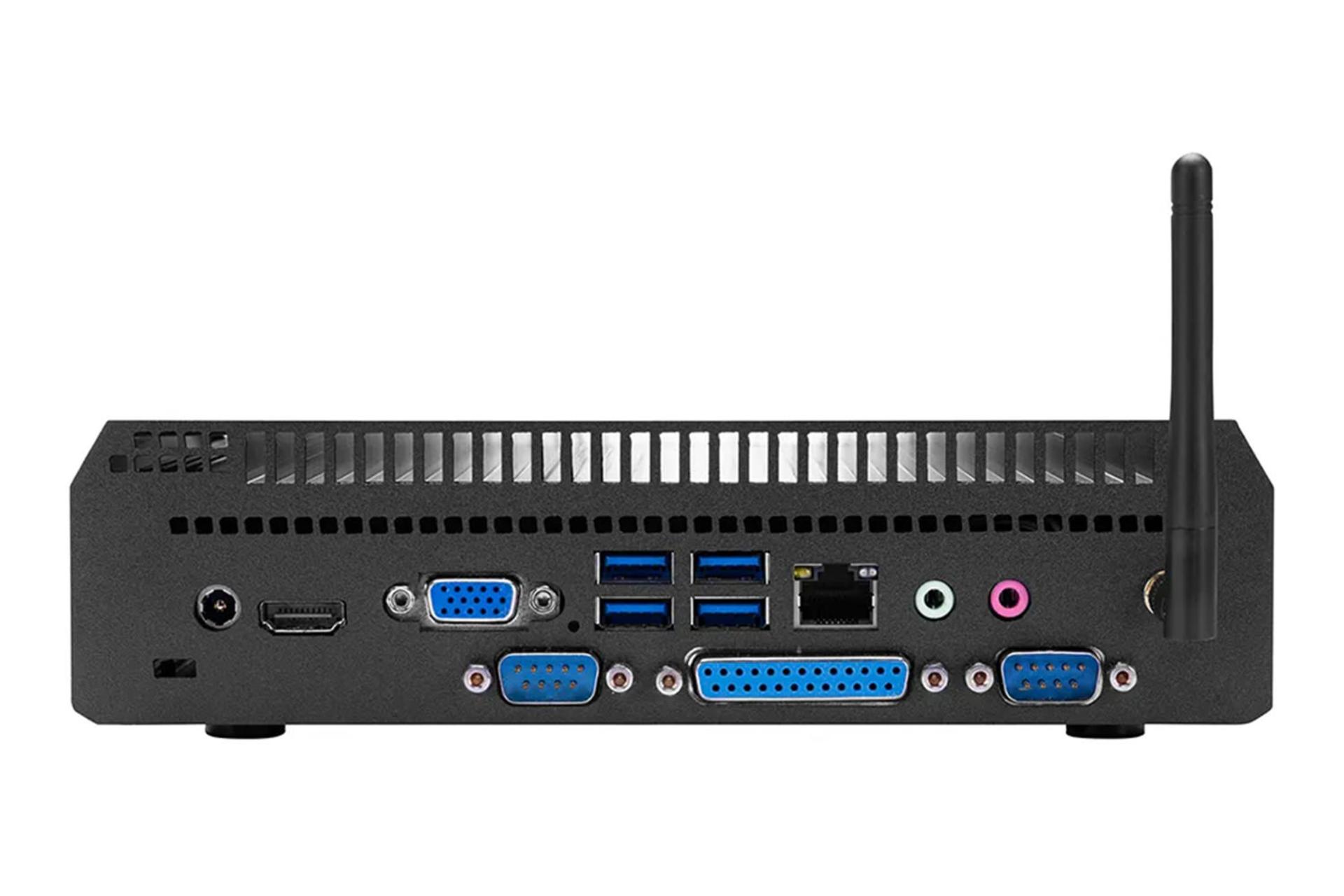 نمای پنل پشت کامپیوتر کوچک UR1-K11 یونیوو با نمایش درگاه ها و آنتن وای فای
