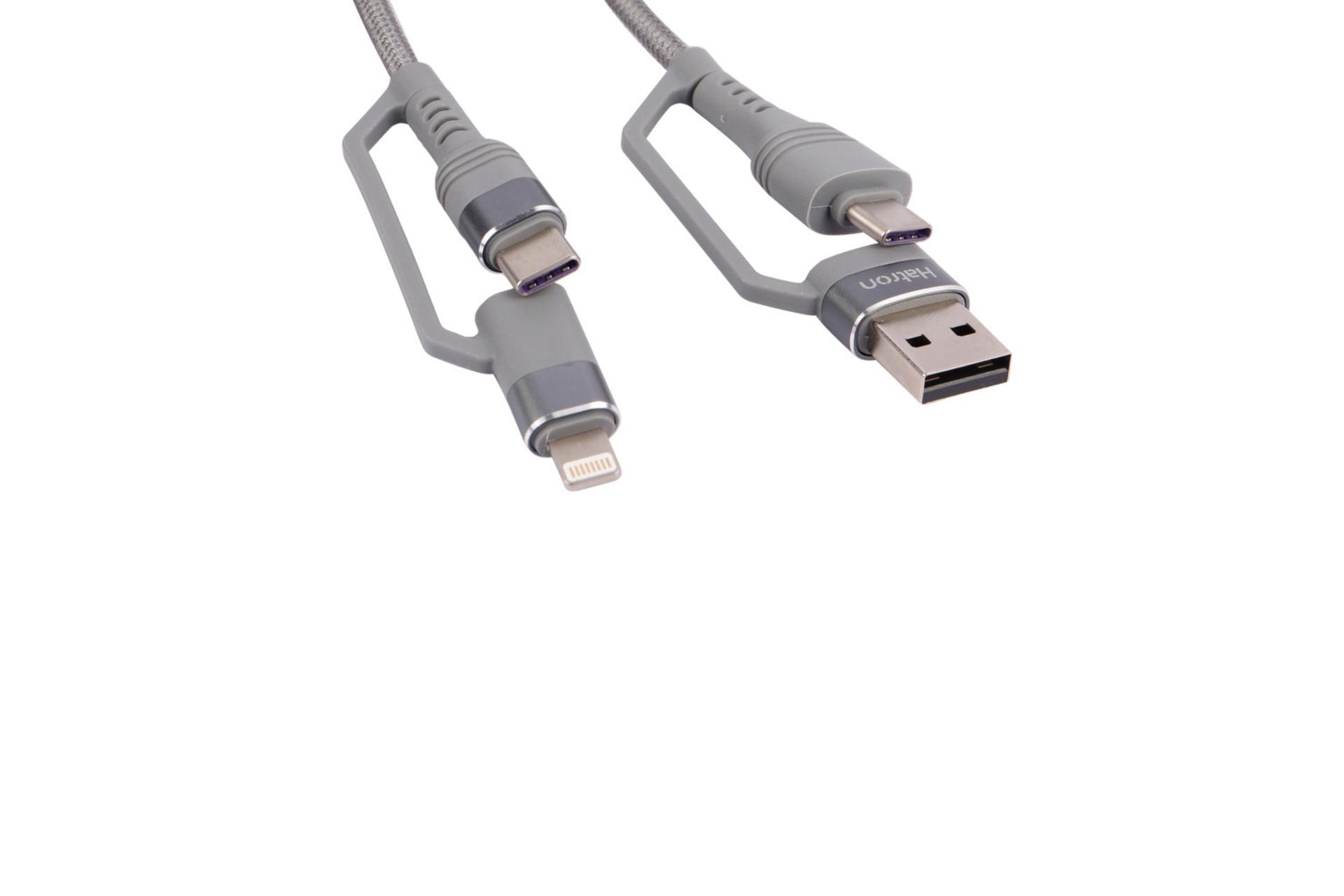 کانکتور و اتصال کابل شارژ USB هترون Type-C+Type-A به Lightning+Type-C مدل HC450P 2in2 با طول 1 متر