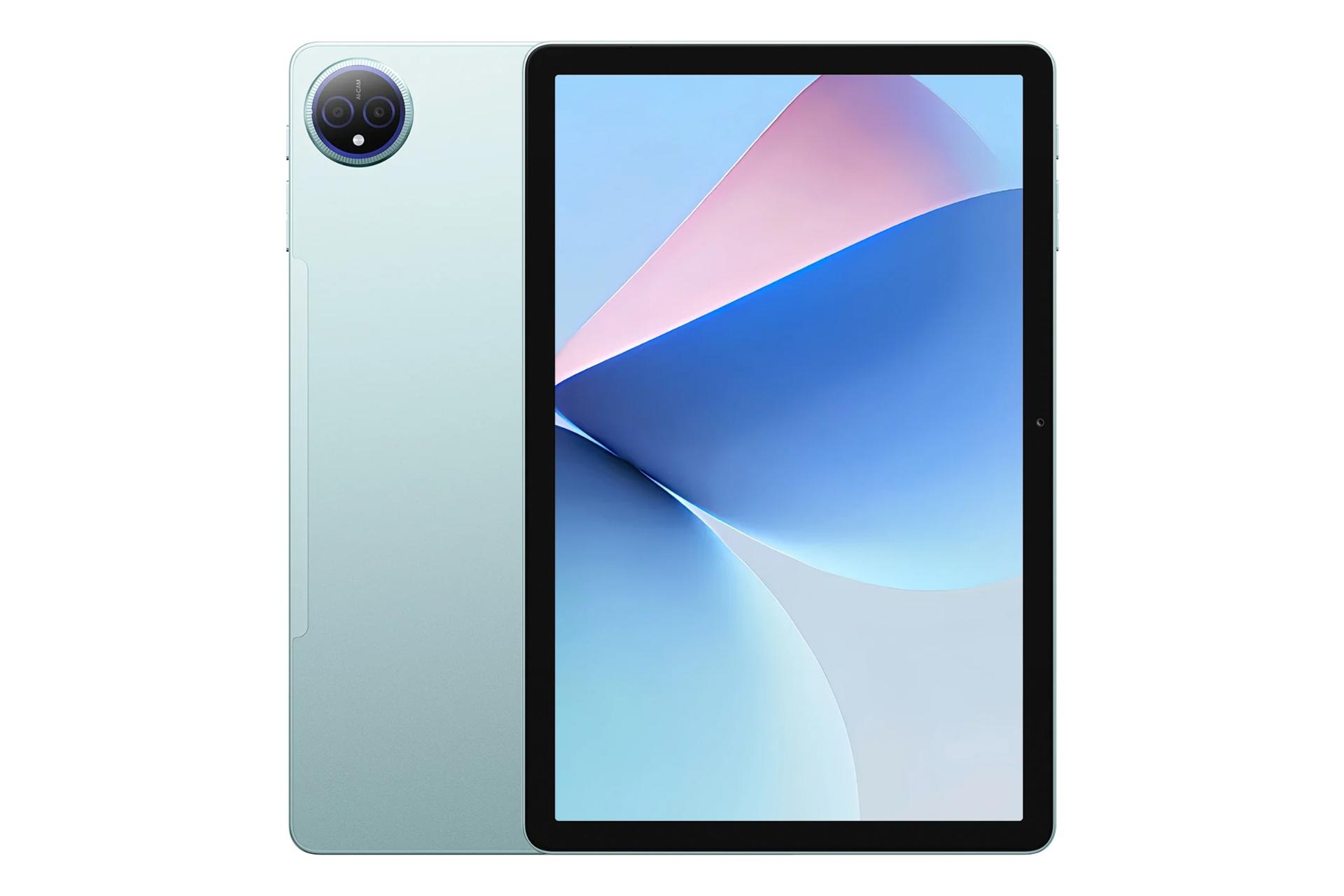 نمای کلی تبلت فوسیبات تب 12 / FOSSiBOT Tab 12 با نمایشگر روشن و نمایش دوربین پنل پشت رنگ سبز