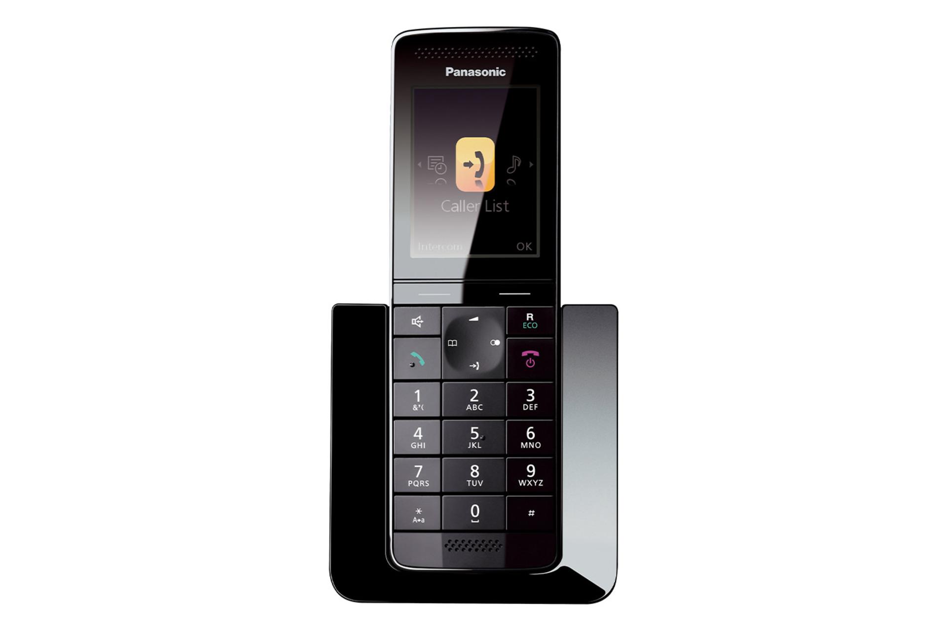 نمای رو به روی تلفن پاناسونیک KX-PRS110 با نمایش پایه اصلی و گوشی بی سیم