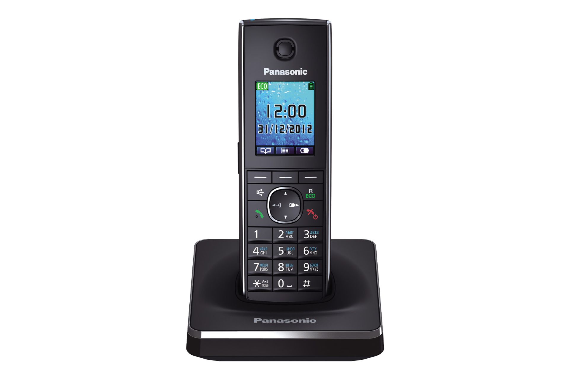 نمای رو به روی تلفن پاناسونیک KX-TG8551 با نمایشگر روشن و نمایش پایه اصلی و گوشی بی سیم رنگ مشکی