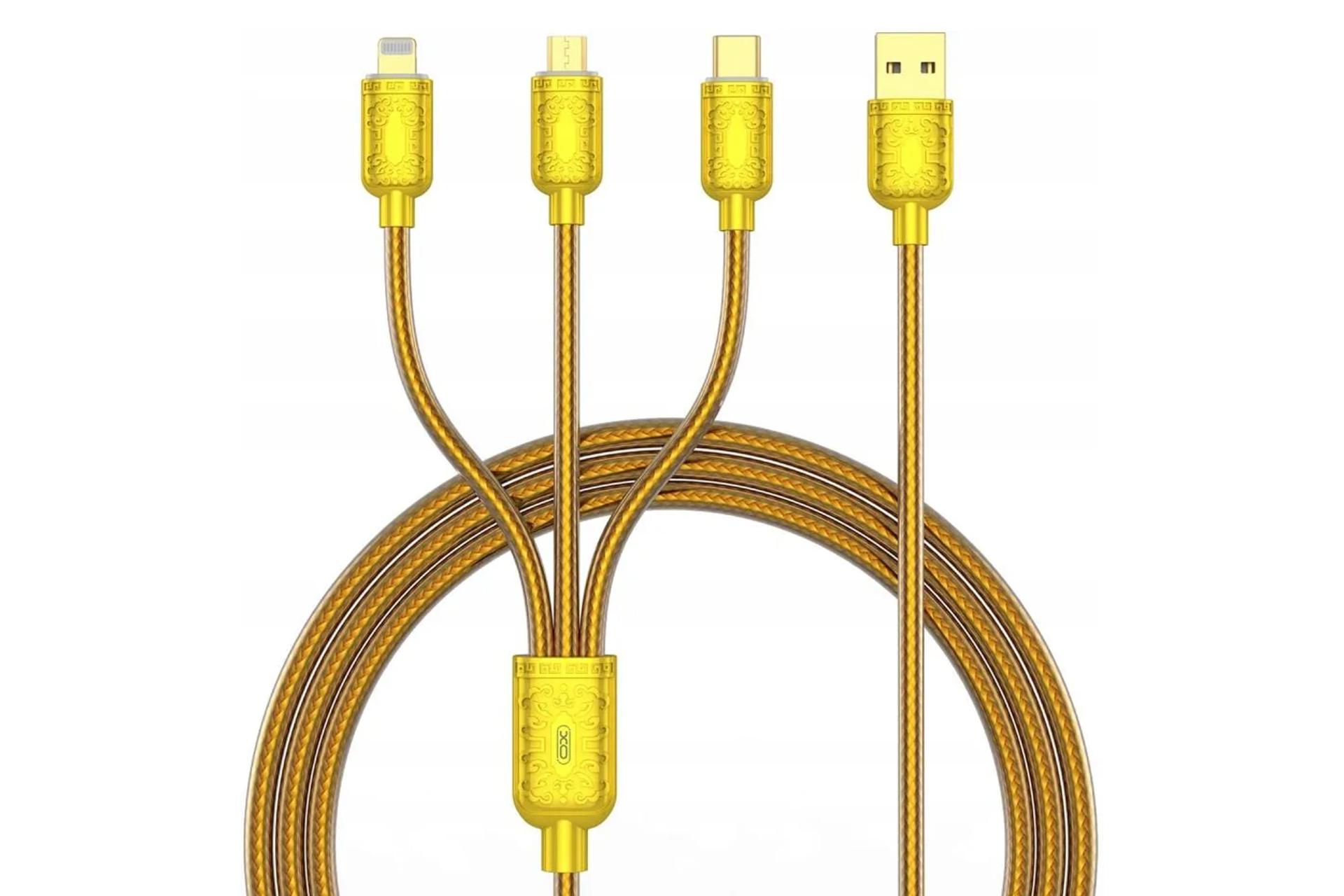 کابل شارژ USB ایکس او Type-A به Type-C+Micro-USB+Lightning مدل NB216 3in1 با طول 1.2 متر رنگ طلایی