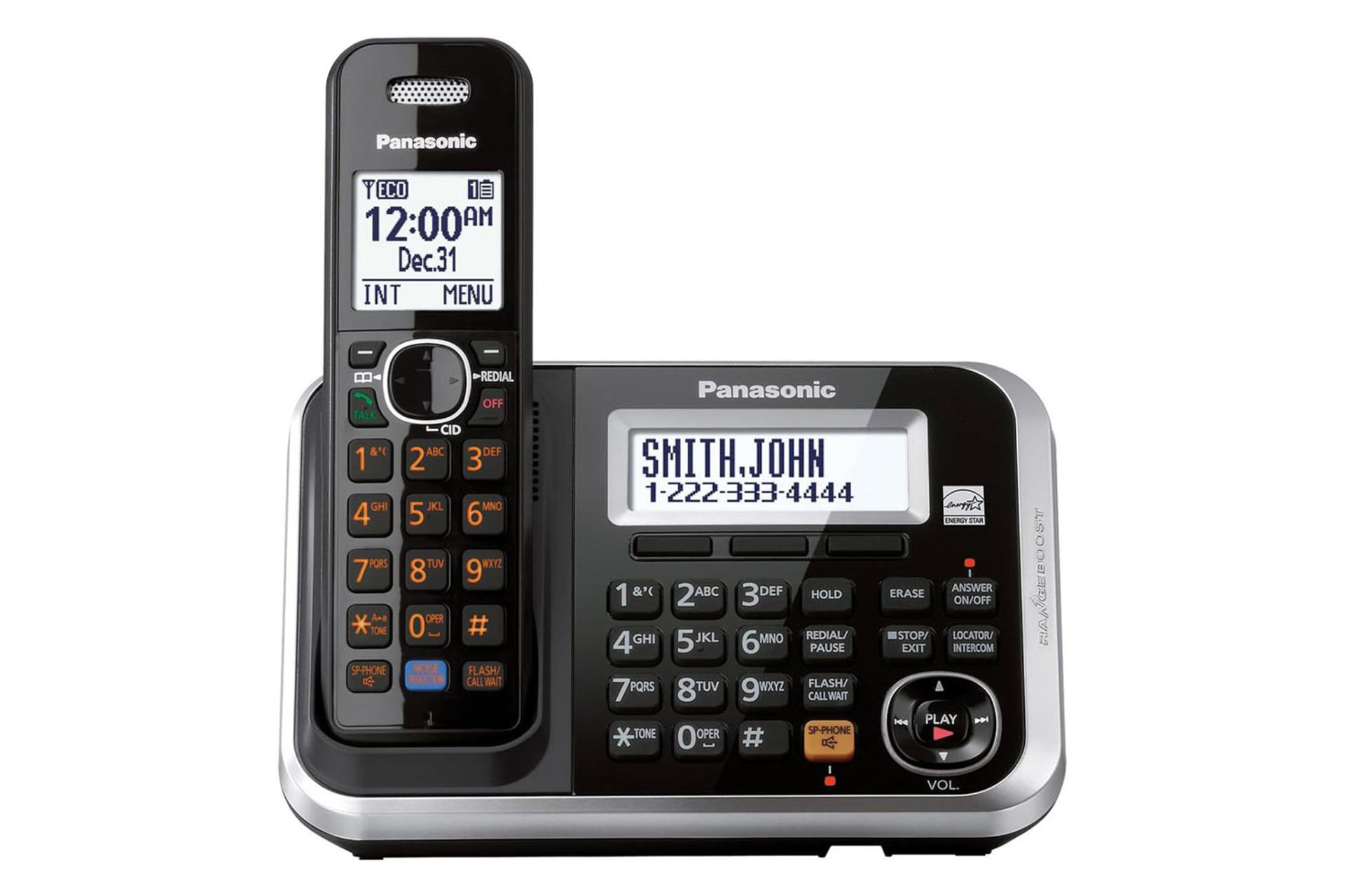 نمای رو به روی پایه اصلی تلفن پاناسونیک KX-TG6842 با نمایشگر روشن و نمایش گوشی بی سیم