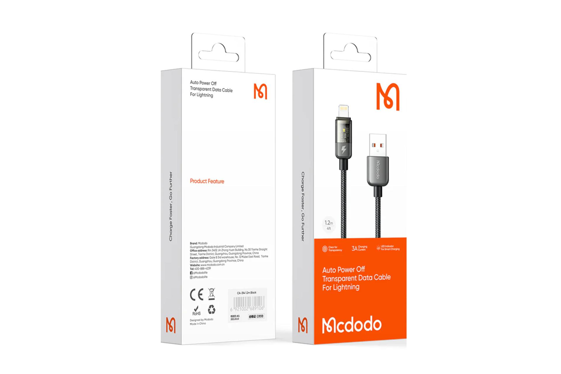 جعبه کابل شارژ USB مک دودو Type-A به Lightning مدل CA-3140 با طول 1.2 متر
