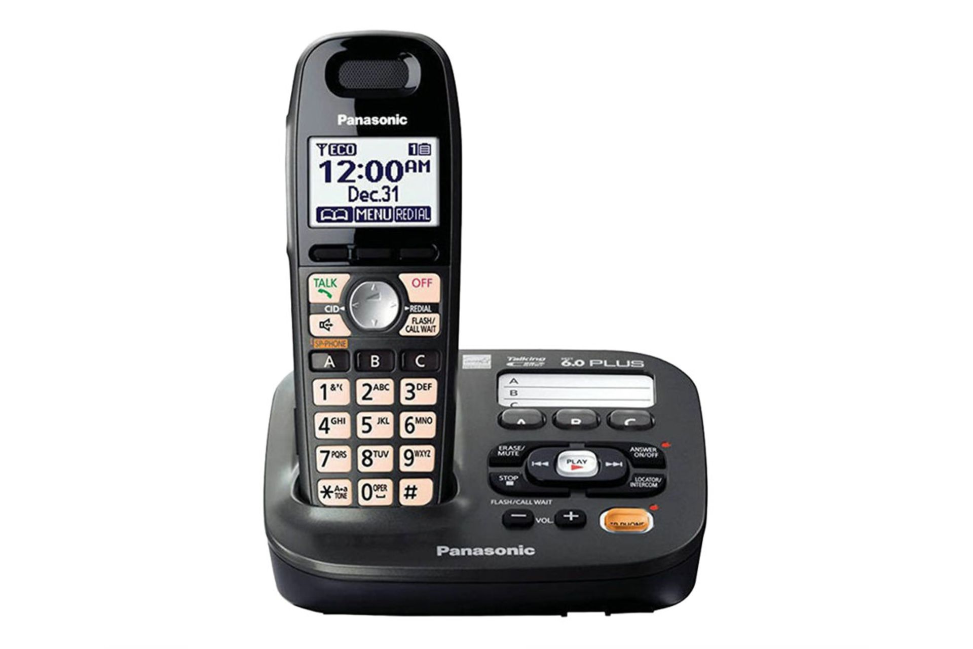 نمای رو به روی تلفن پاناسونیک KX-TG6591 با نمایش پایه اصلی و گوشی بی سیم