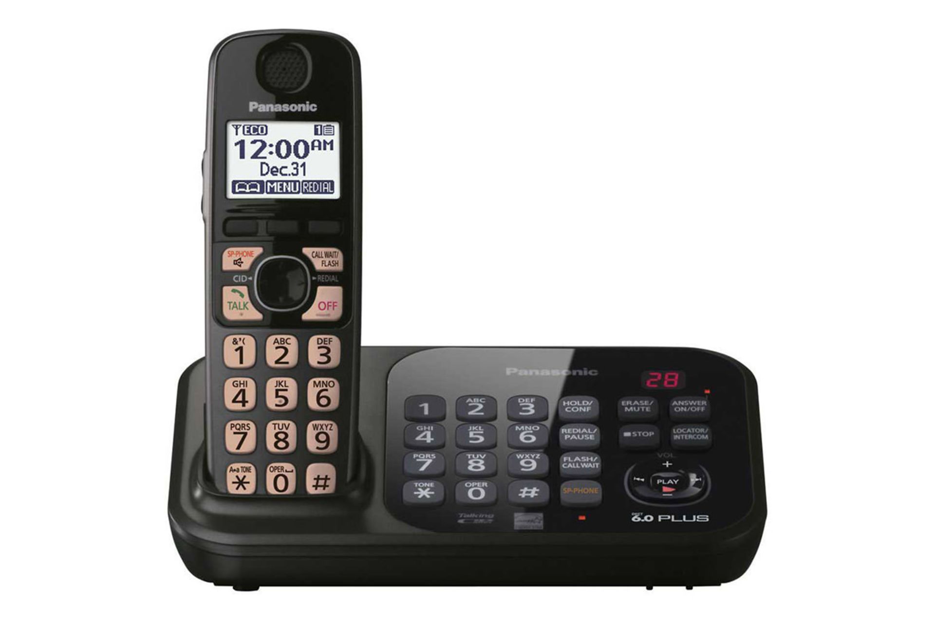 نمای رو به روی تلفن پاناسونیک KX-TG4741 با نمایش پایه اصلی و گوشی بی سیم