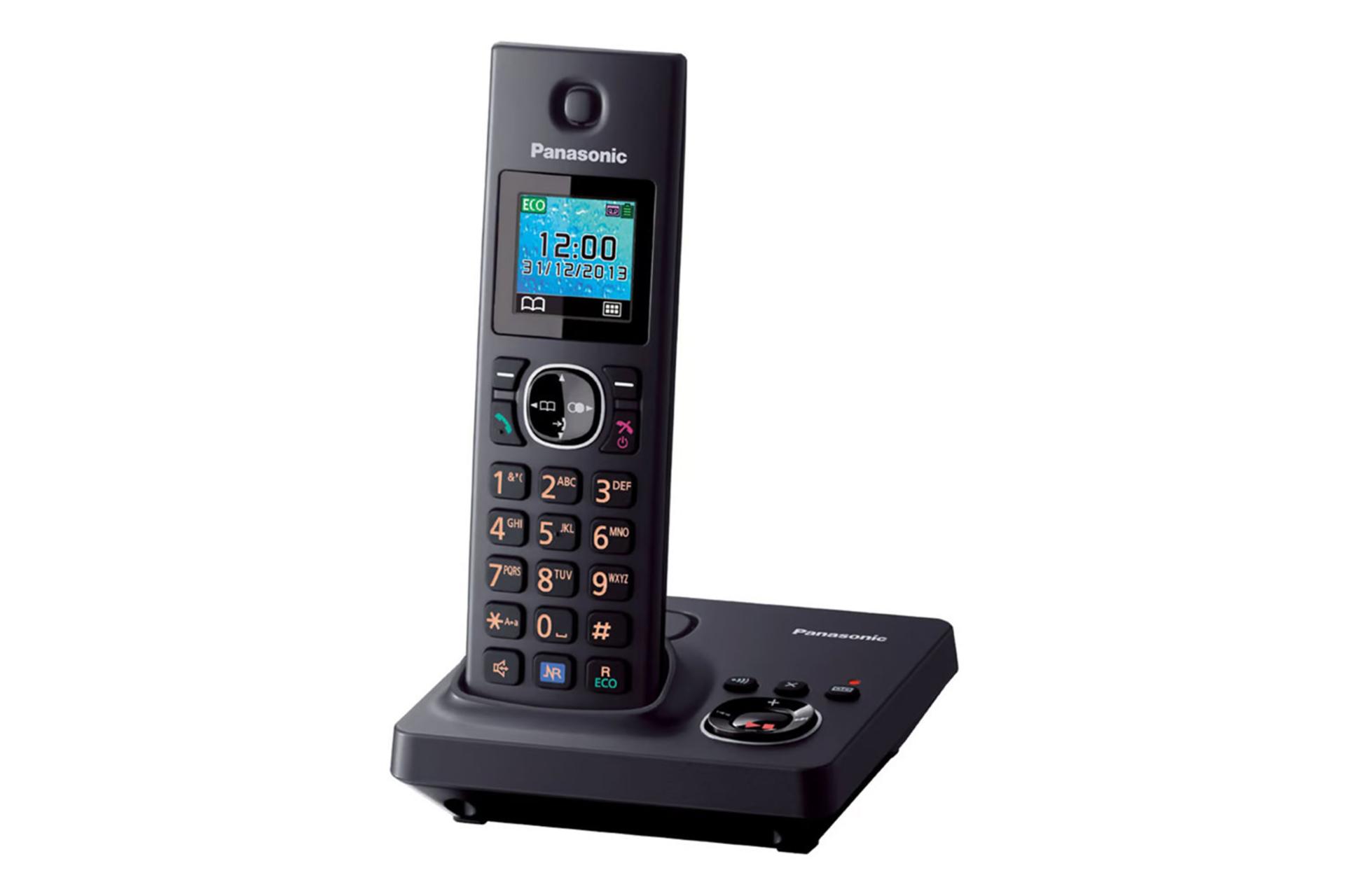 نمای نیمرخ تلفن پاناسونیک KX-TG7861 با نمایش لبه سمت راست پایه اصلی و گوشی بی سیم رنگ مشکی