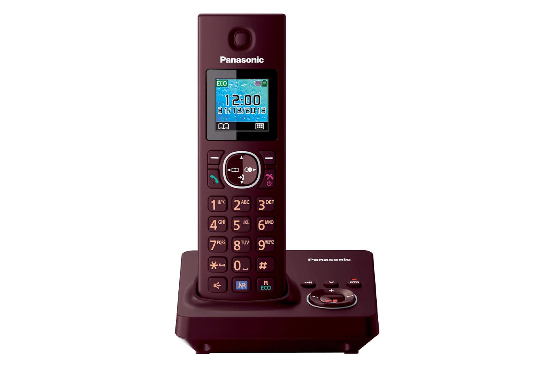 نمای رو به روی تلفن پاناسونیک KX-TG7861 با نمایش پایه اصلی و گوشی بی سیم رنگ زرشکی