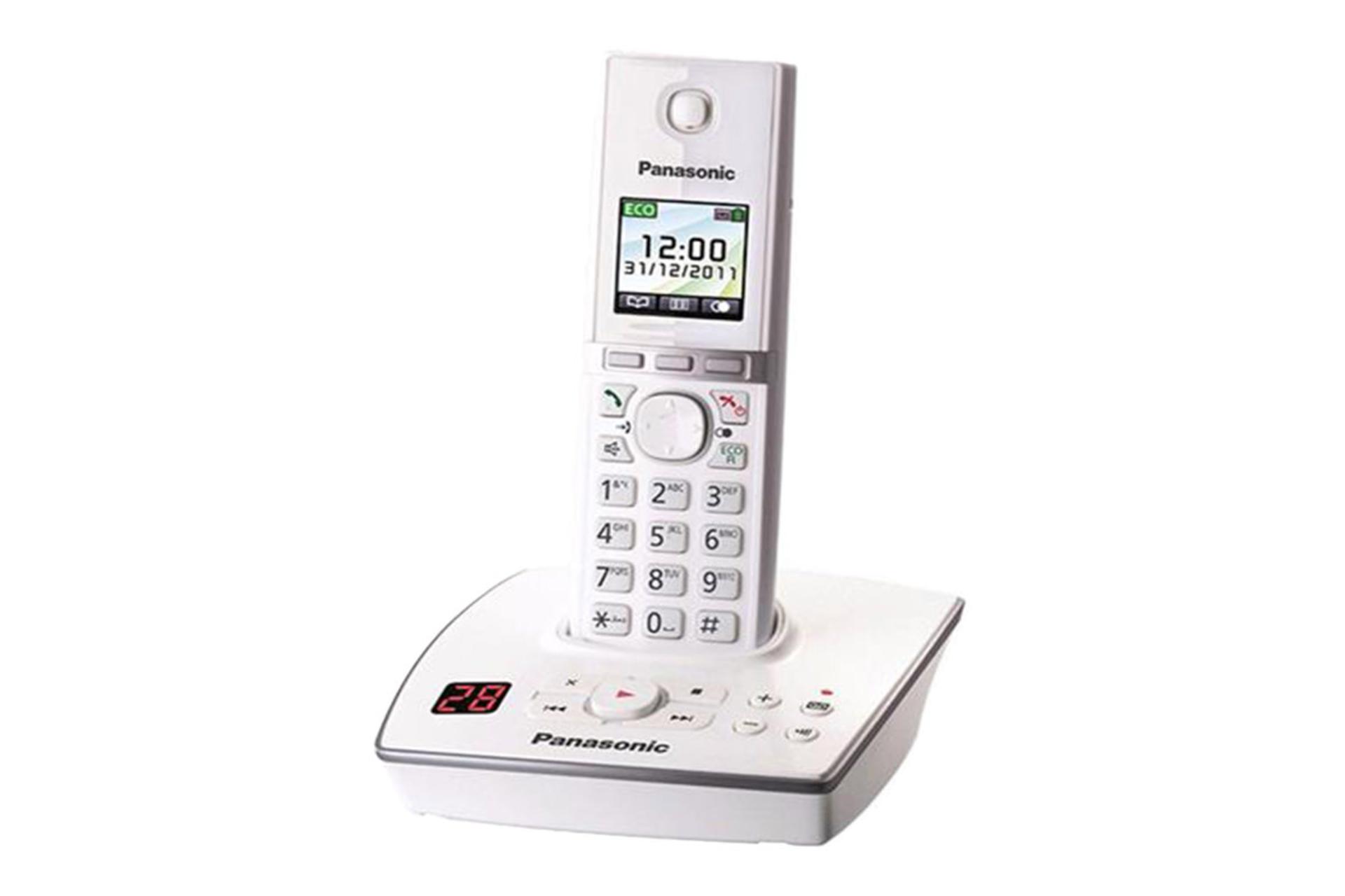 نمای نیمرخ تلفن پاناسونیک KX-TG8061EB با نمایش لبه سمت راست پایه اصلی و گوشی بی سیم رنگ سفید