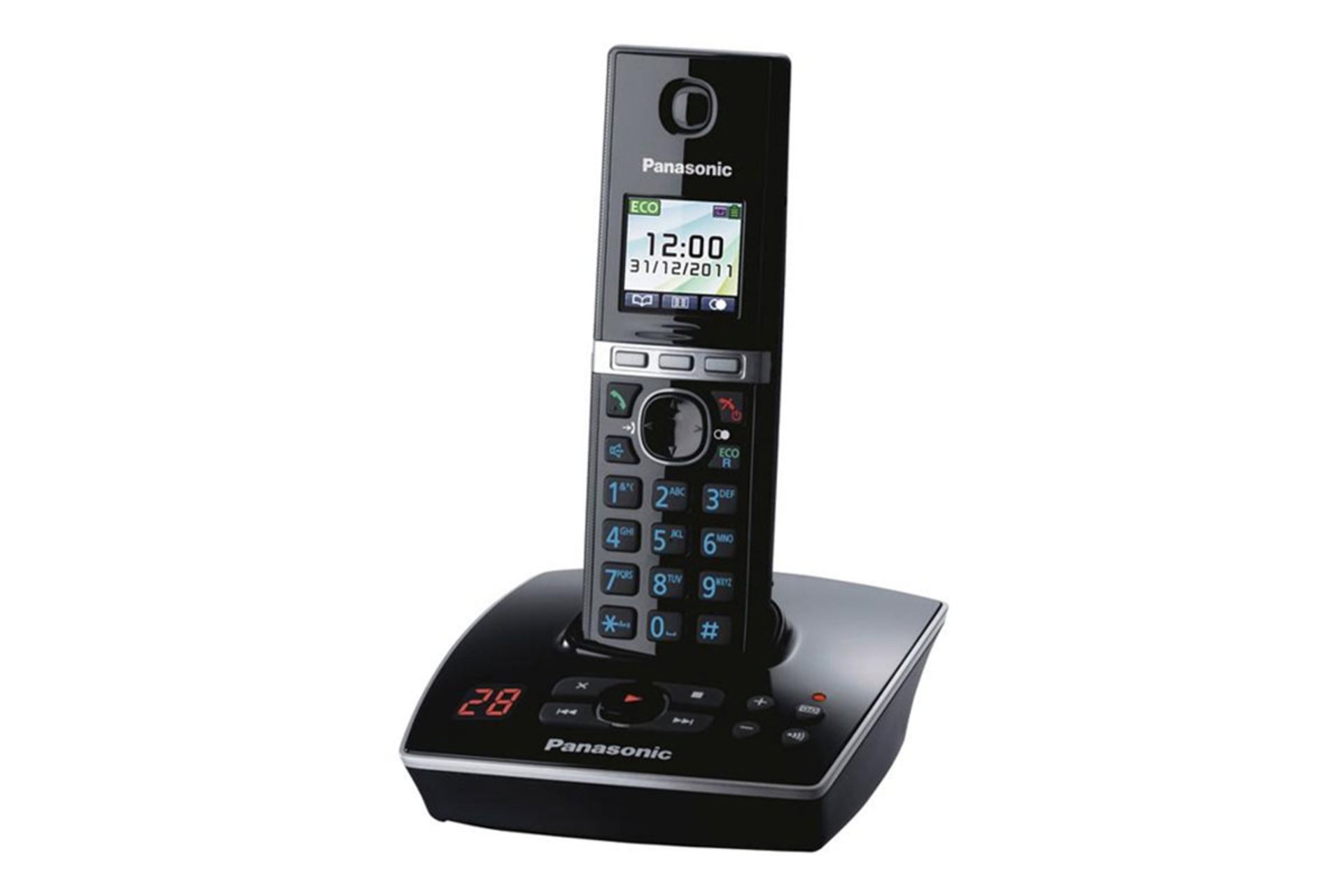 نمای نیمرخ تلفن پاناسونیک KX-TG8061EB با نمایش لبه سمت راست پایه اصلی و گوشی بی سیم رنگ مشکی