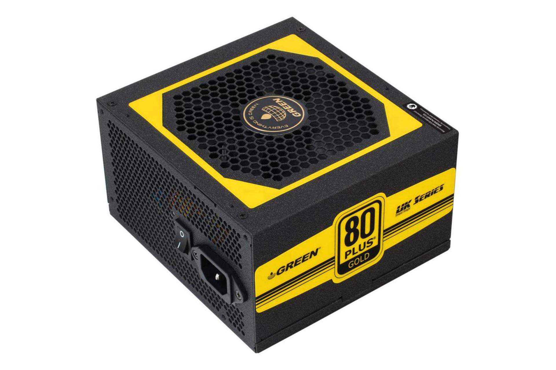 نمای نیمرخ پاور کامپیوتر گرین GP650A-UK با توان 650 وات با نمایش لوگو، پنل پشت و پنل بالا