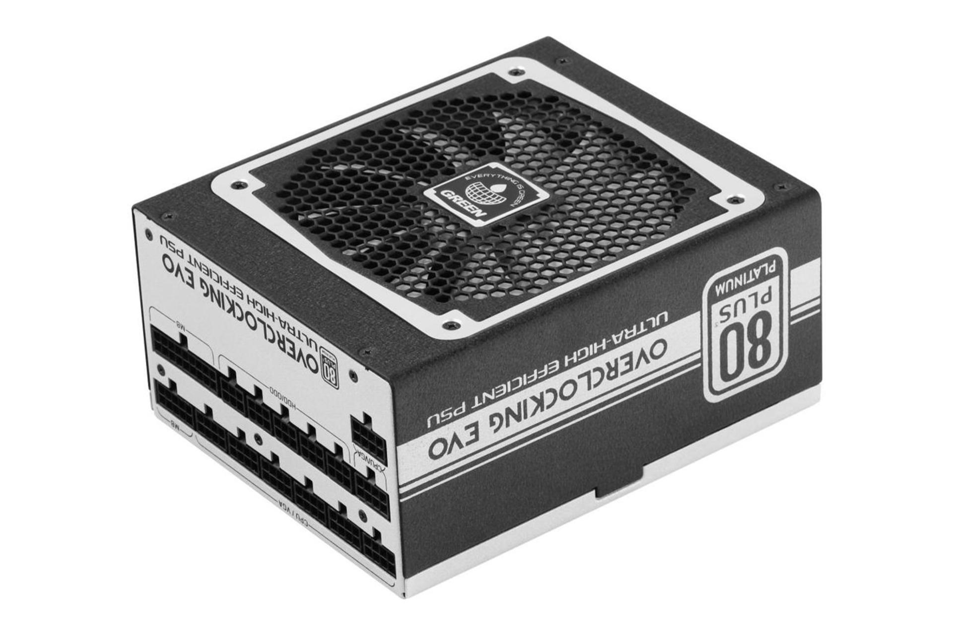 نمای نیمرخ پاور کامپیوتر گرین GP1200B-OC PLUS با توان 1200 وات با نمایش کانکتورها و پنل کناری