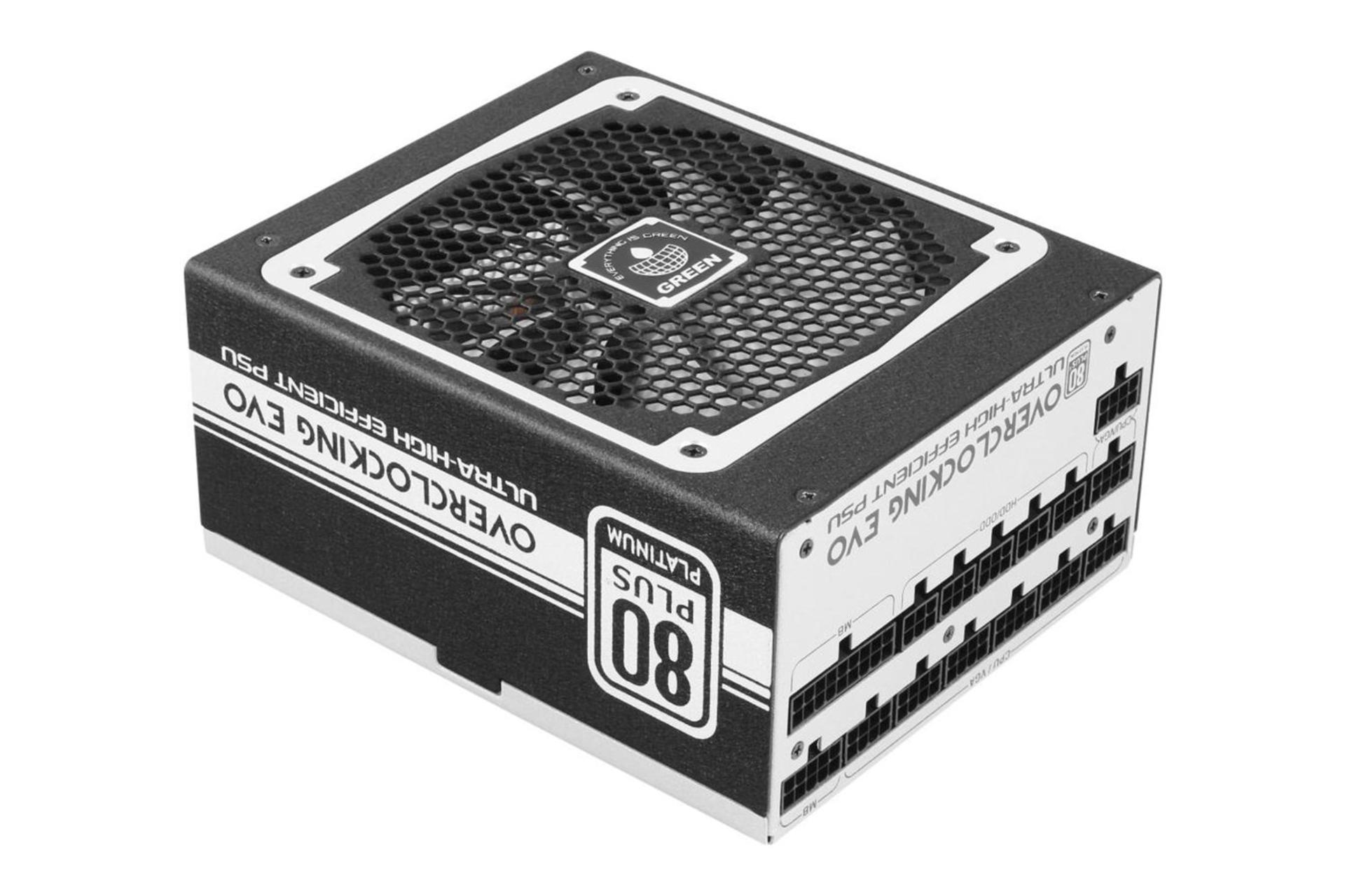 نمای نیمرخ پاور کامپیوتر گرین GP1200B-OC PLUS با توان 1200 وات با نمایش کانکتورها و لوگو