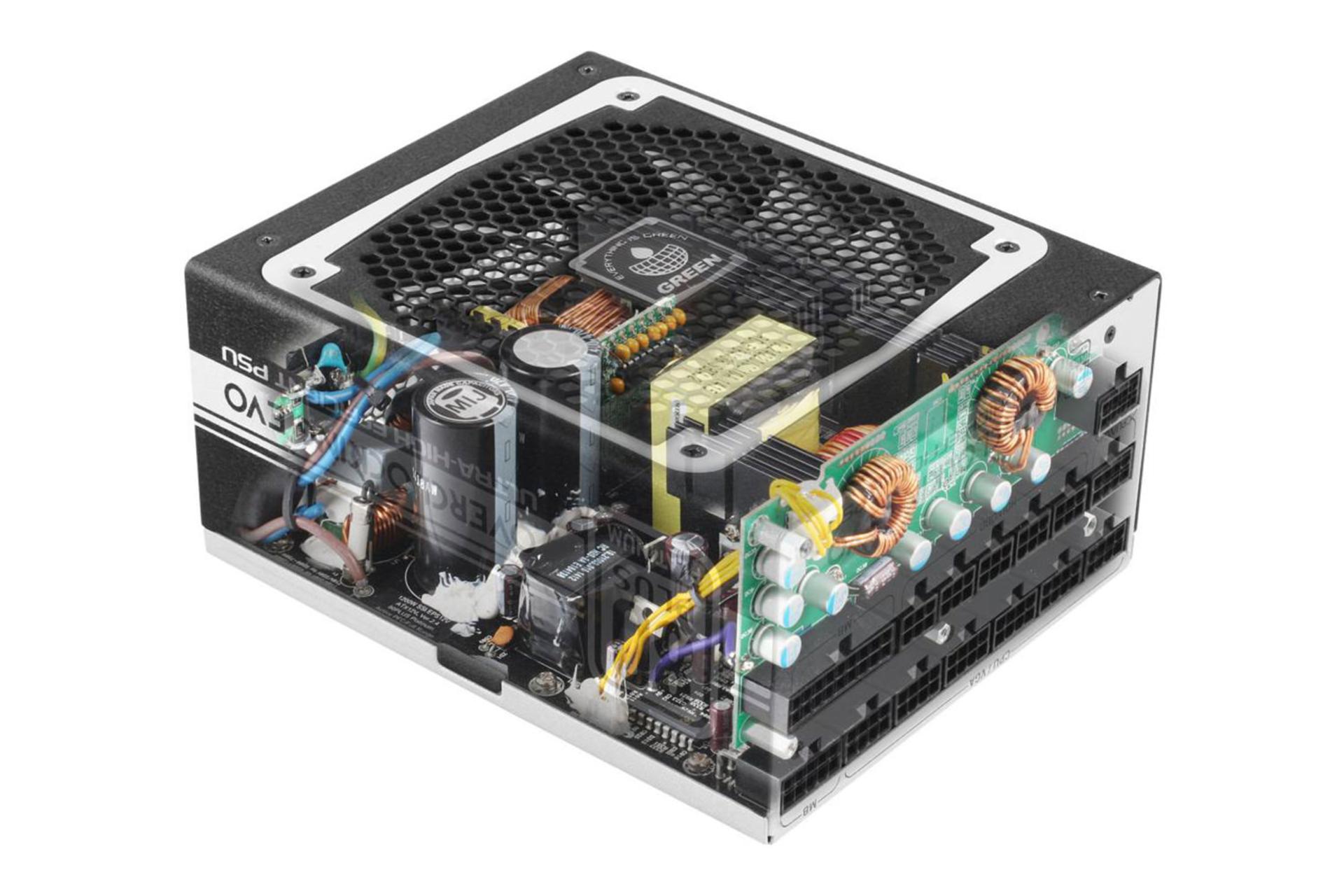 نمای نیمرخ پاور کامپیوتر گرین GP1200B-OC PLUS با توان 1200 وات با نمایش اجزای داخلی