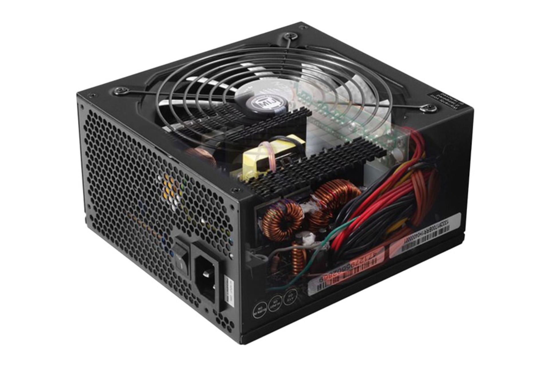 نمای نیمرخ پاور کامپیوتر گرین GP600A-HP با توان 600 وات با نمایش پنل پشت، درگاه و سوییچ برق