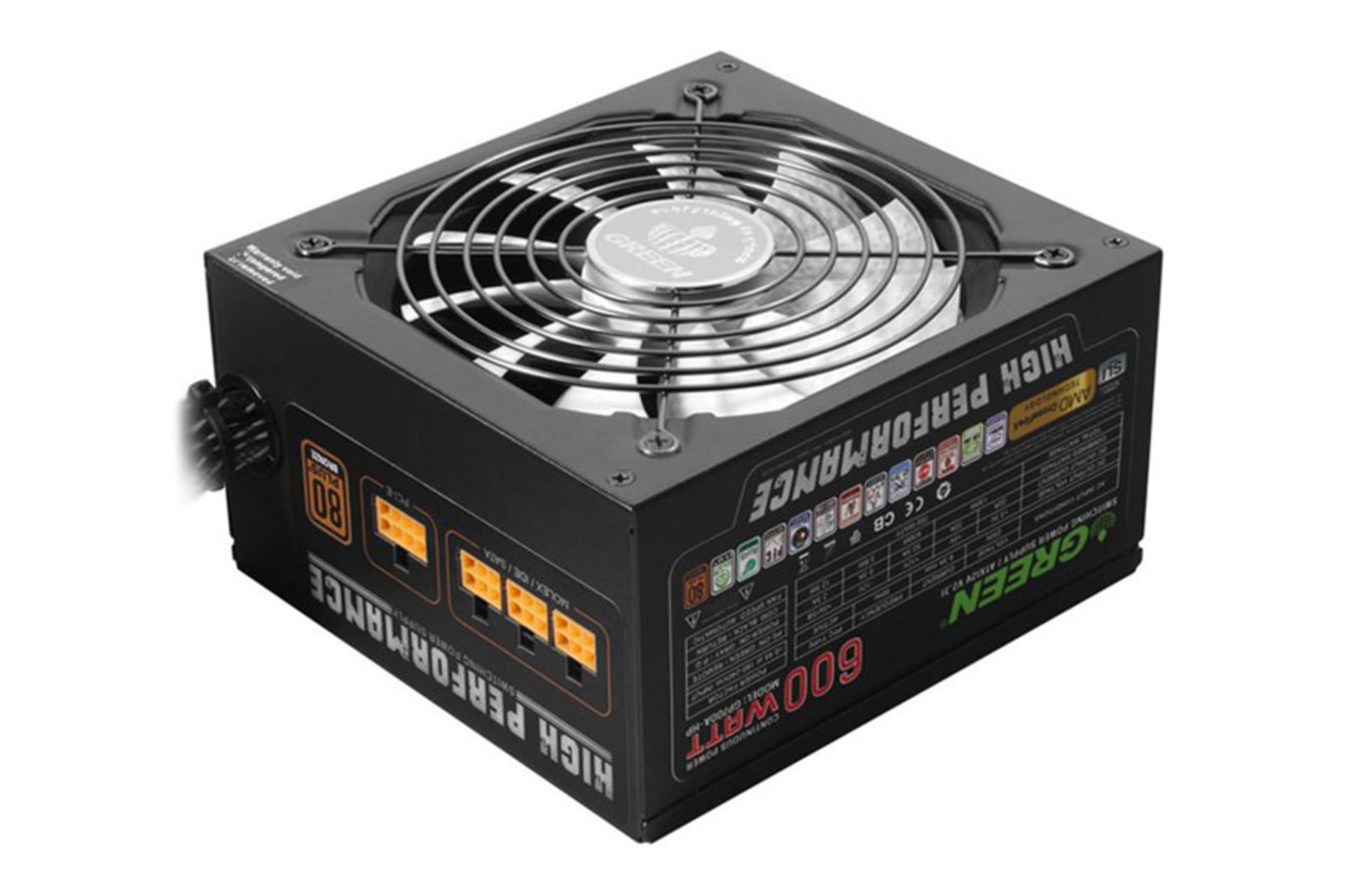 نمای نیمرخ پاور کامپیوتر گرین GP600A-HP با توان 600 وات با نمایش کابل و کانکتورها