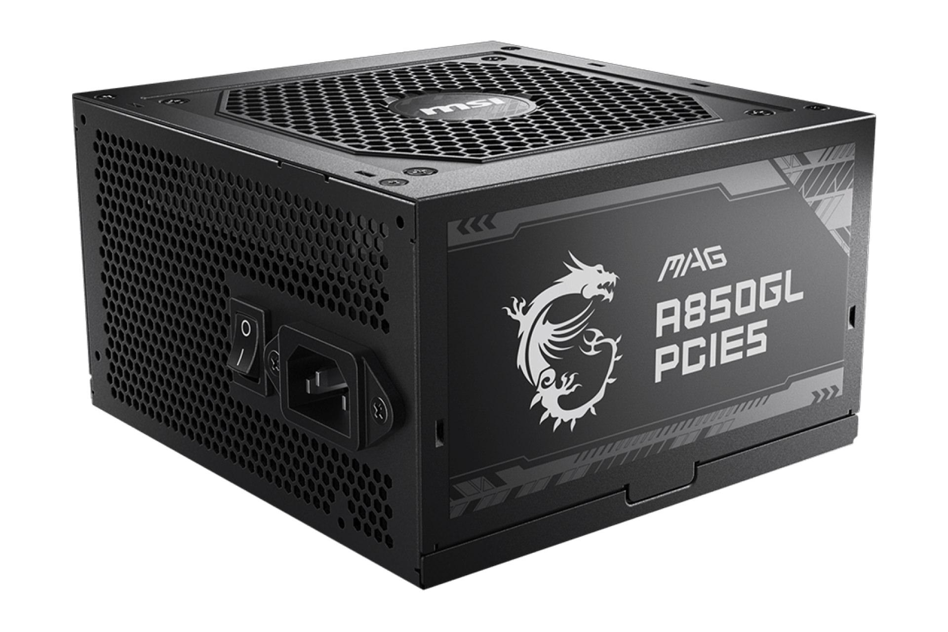 مرجع متخصصين ايران نماي نيمرخ پاور كامپيوتر ام اس آي MAG A850GL PCIE5 با توان 850 وات با نمايش لوگو پنل كناري و درگاه برق پنل پشت