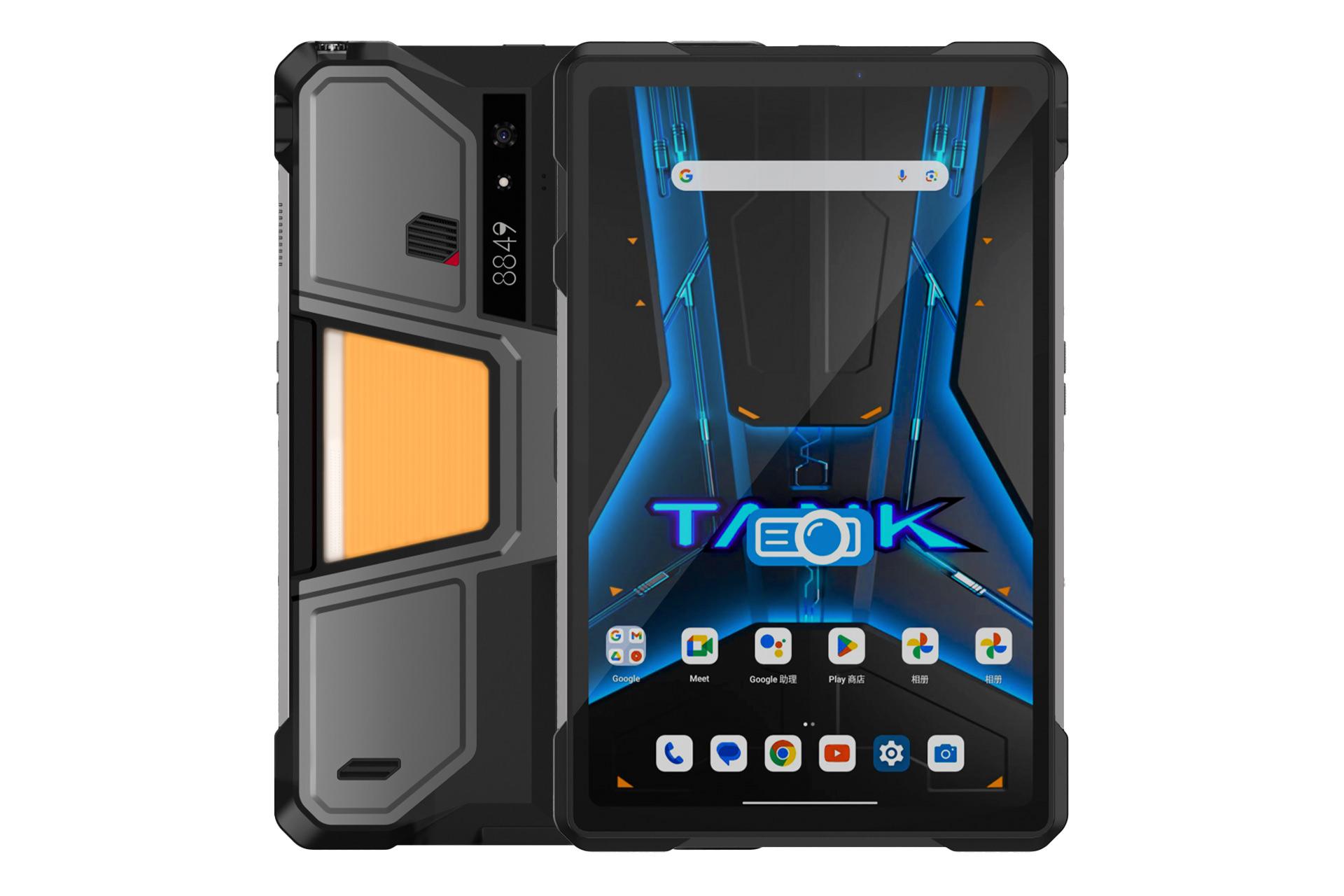 نمای کلی تبلت یونی هرتز Tank Pad با نمایشگر روشن و نمایش دوربین و لوگوی پنل پشت