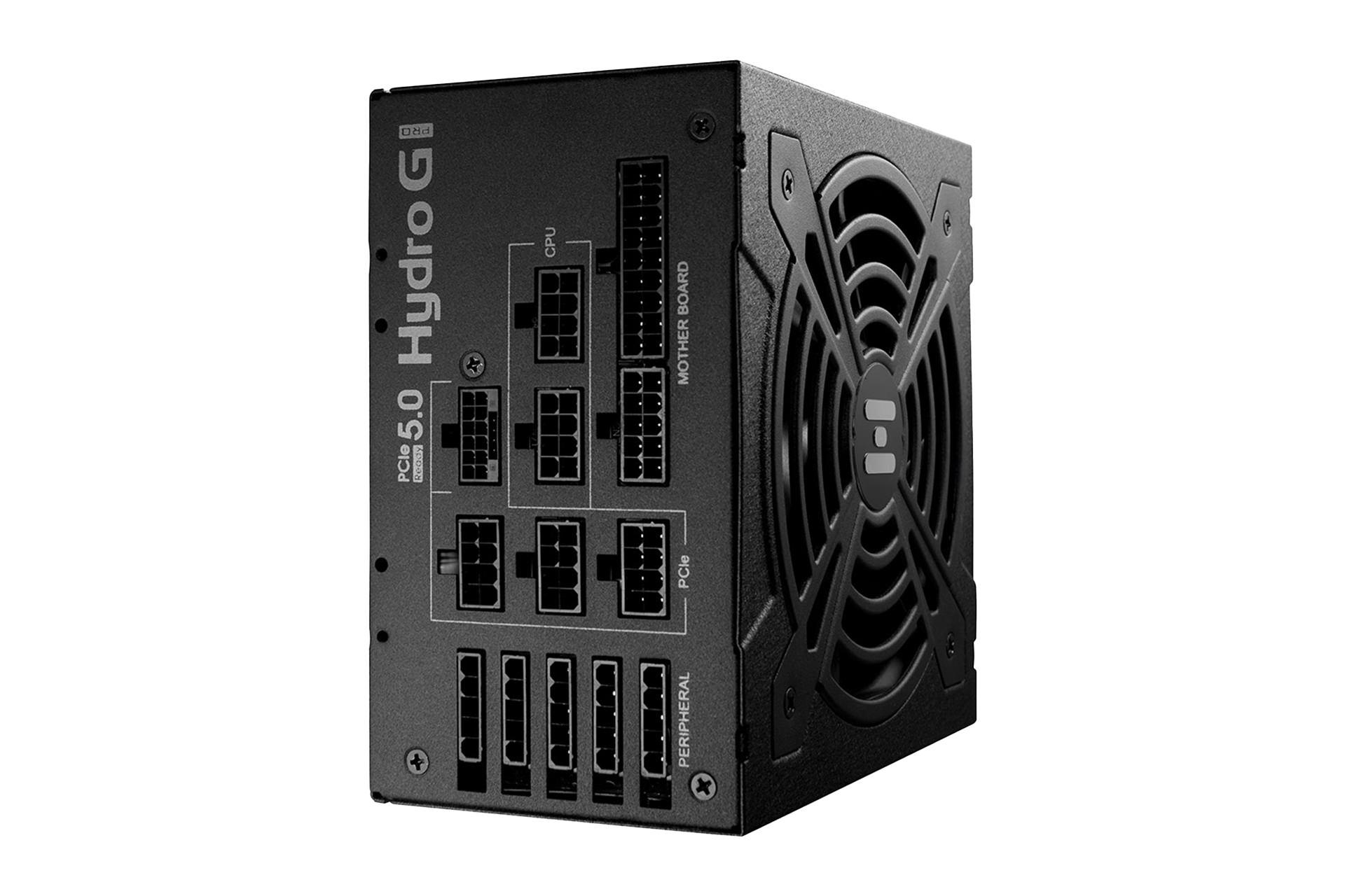 نمای نیمرخ پاور کامپیوتر اف اس پی HYDRO G PRO ATX3.0 PCIe5.0 با توان 850 وات با نمایش لوگو، درگاه ها و فن