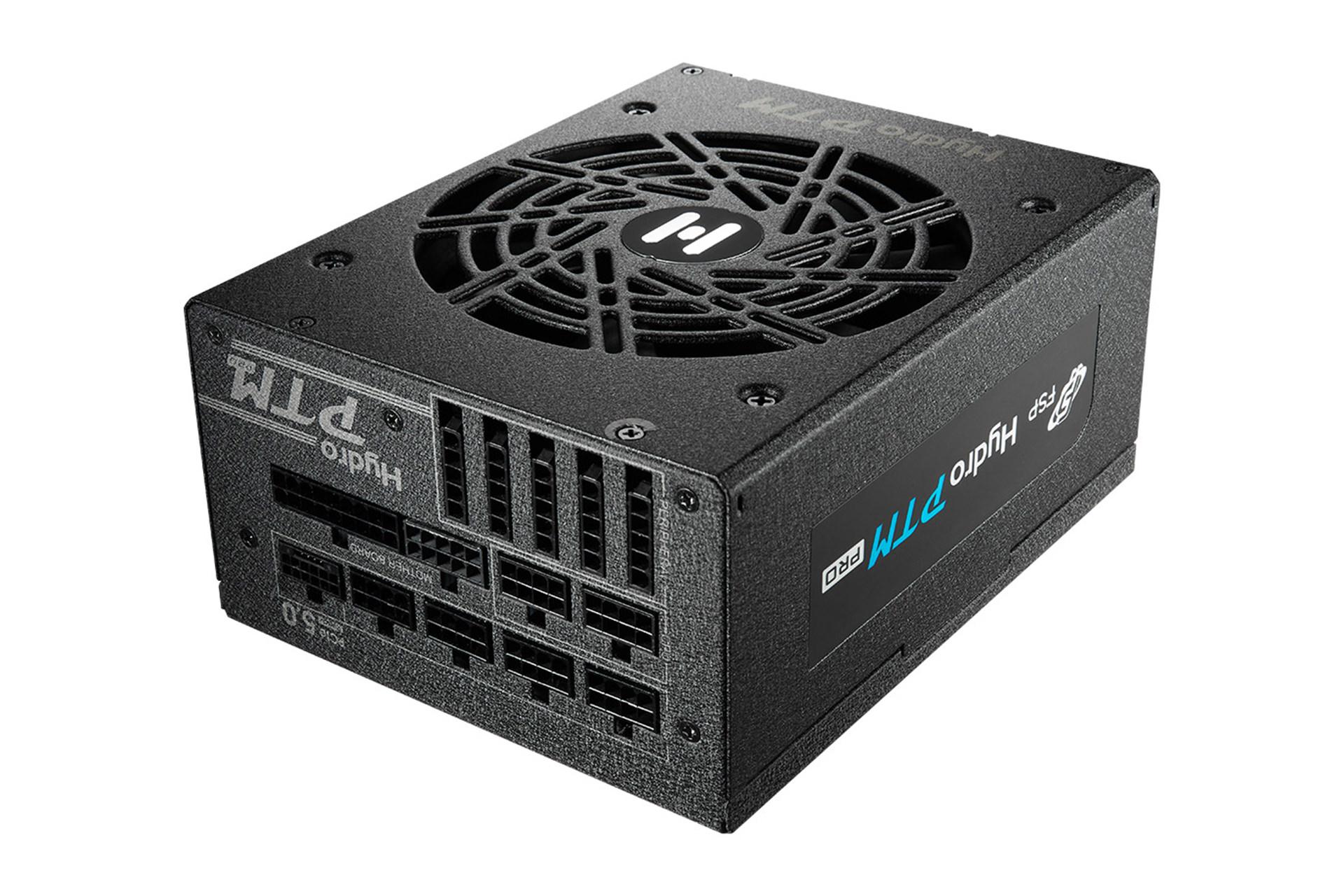 نمای نیمرخ پاور کامپیوتر اف اس پی HYDRO PTM PRO ATX3.0 PCIe5.0 با توان 850 وات با نمایش پنل کناری و درگاه ها