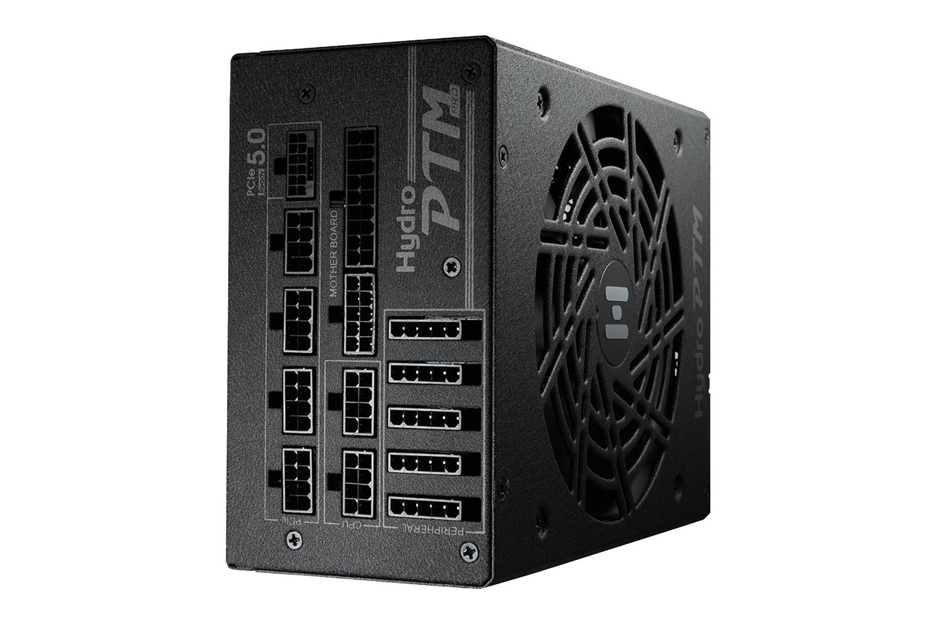 نمای نیمرخ پاور کامپیوتر اف اس پی HYDRO PTM PRO ATX3.0 PCIe5.0 با توان 850 وات با نمایش درگاه ها