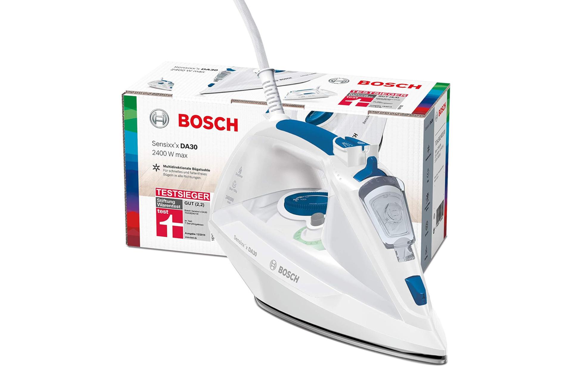اتو بخار بوش Bosch TDA302401W در کنار جعبه