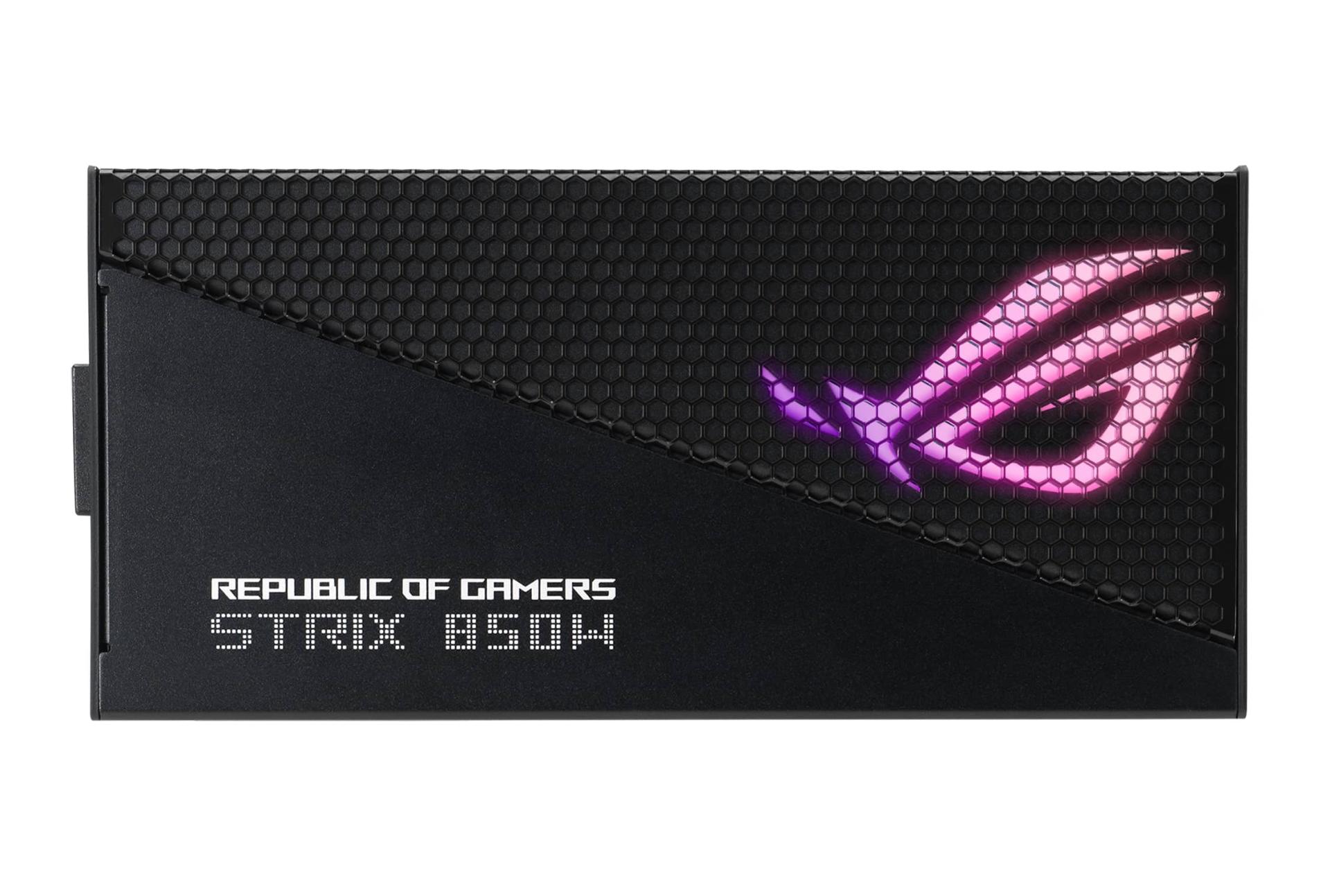 نمای پنل سمت چپ پاور کامپیوتر ایسوس ROG STRIX 850W Gold Aura Edition با توان 850 وات با نمایش لوگو و نورپردازی