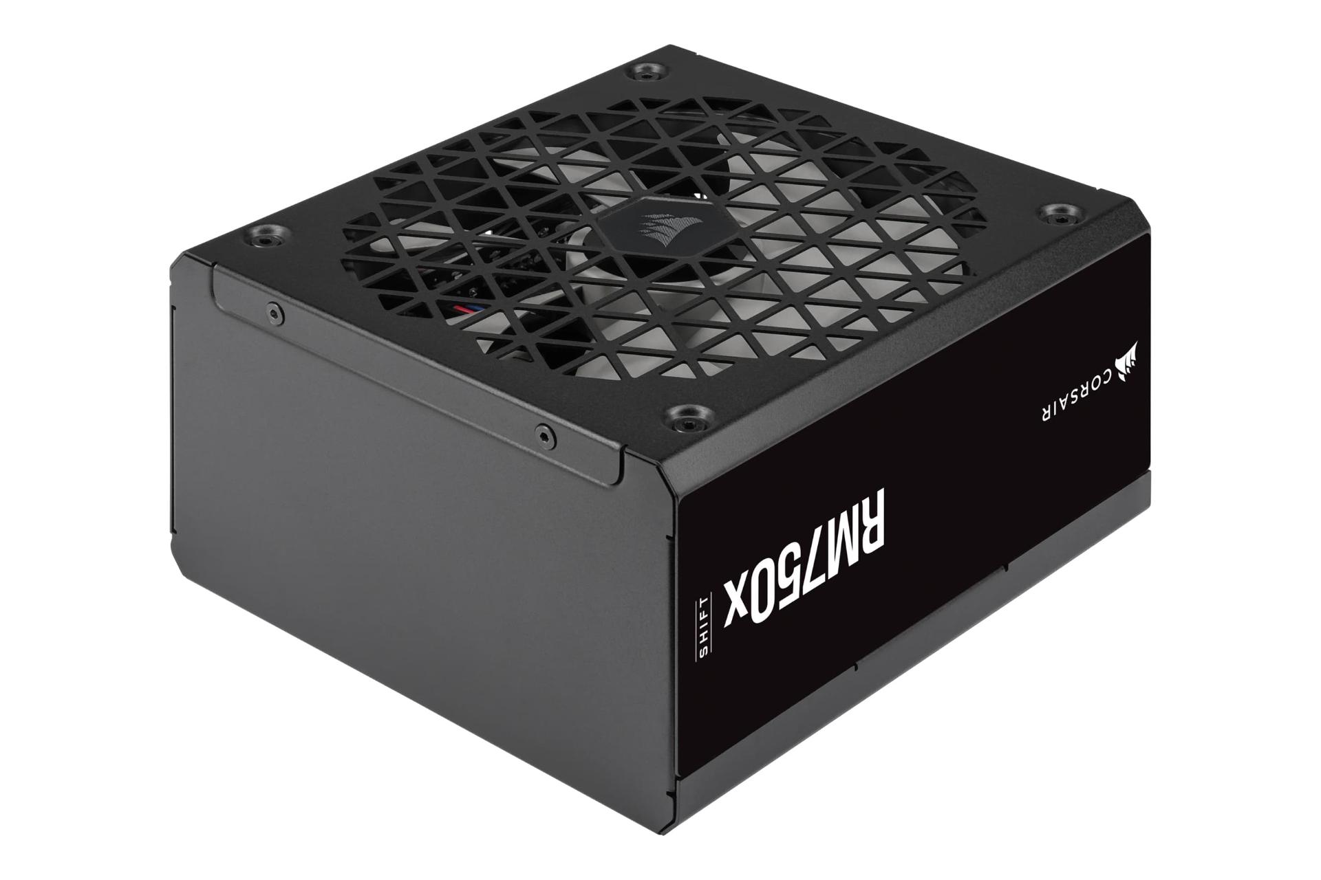 نمای نیمرخ پاور کامپیوتر کورسیر RM750x SHIFT با توان 750 وات با نمایش لوگو و پنل کناری