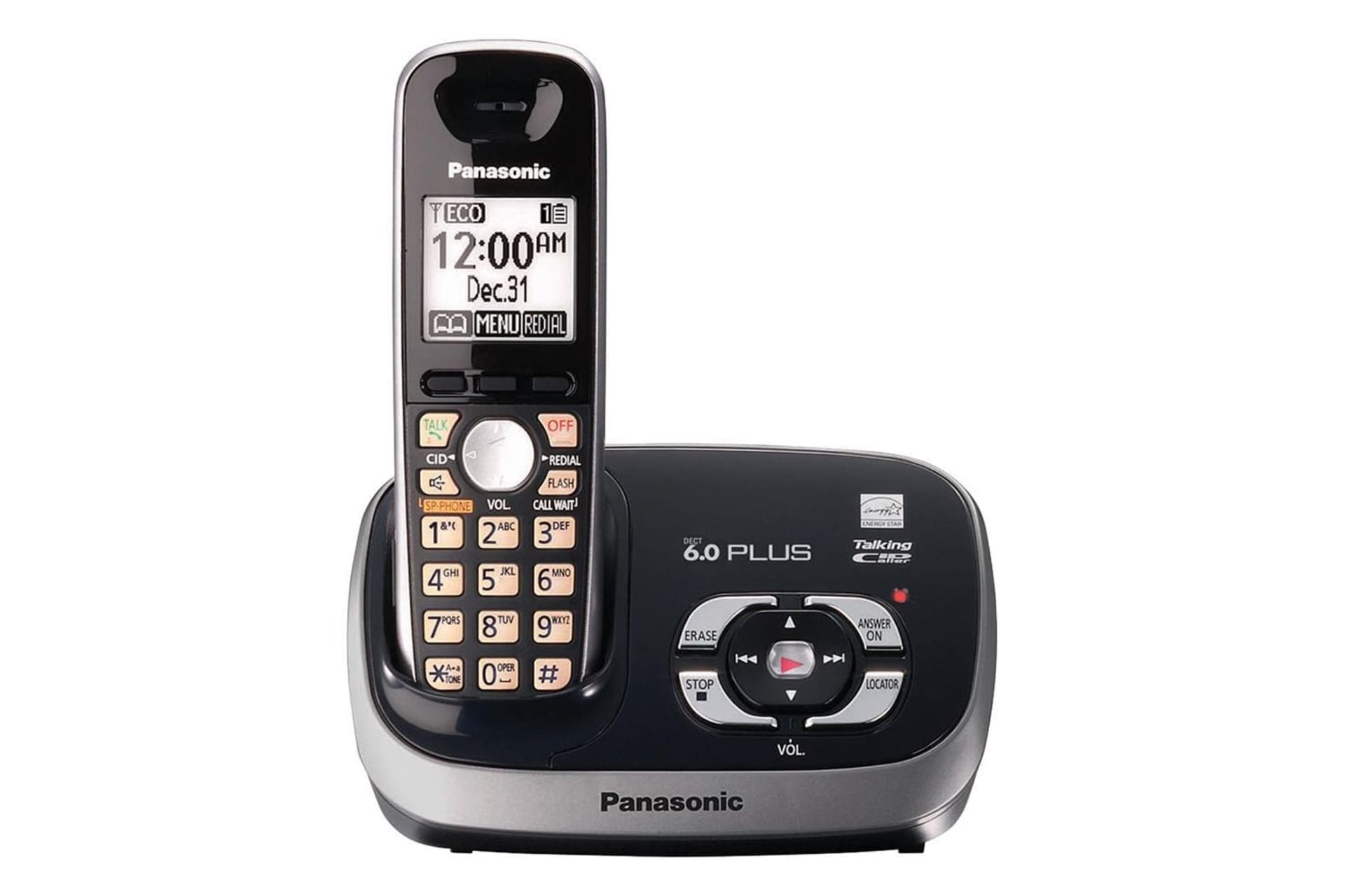 نمای رو به روی تلفن پاناسونیک KX-TG6531 با نمایش پایه و گوشی بی سیم